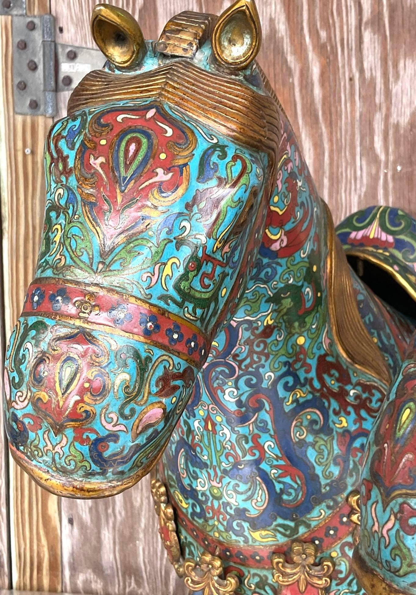 Vintage Asian Monumental Cloisonné Enameled Horses - a Pair In Good Condition For Sale In west palm beach, FL