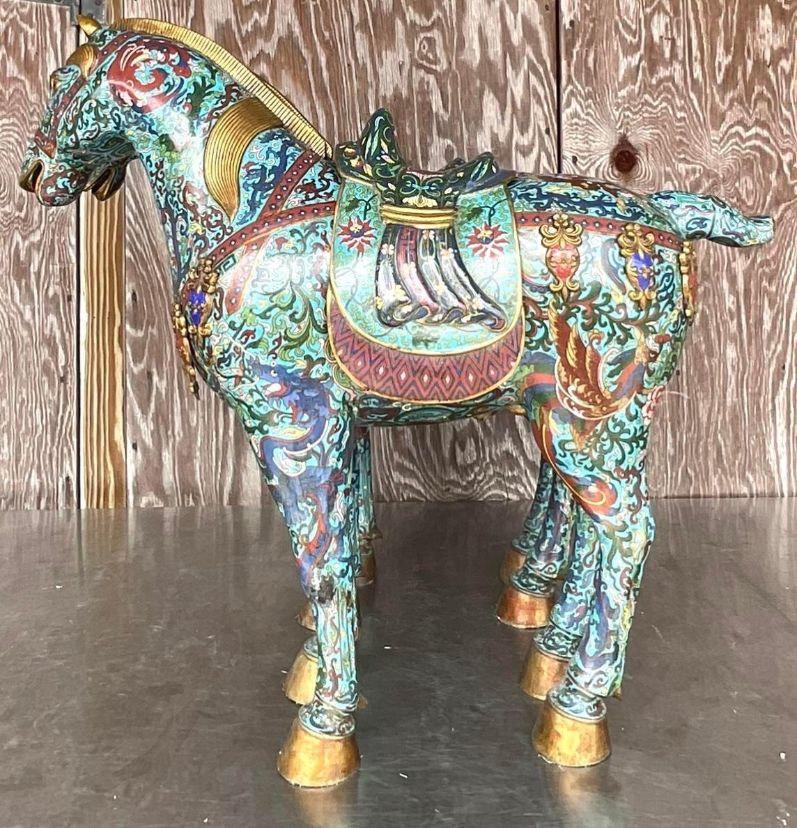 Metal Vintage Asian Monumental Cloisonné Enameled Horses - a Pair For Sale
