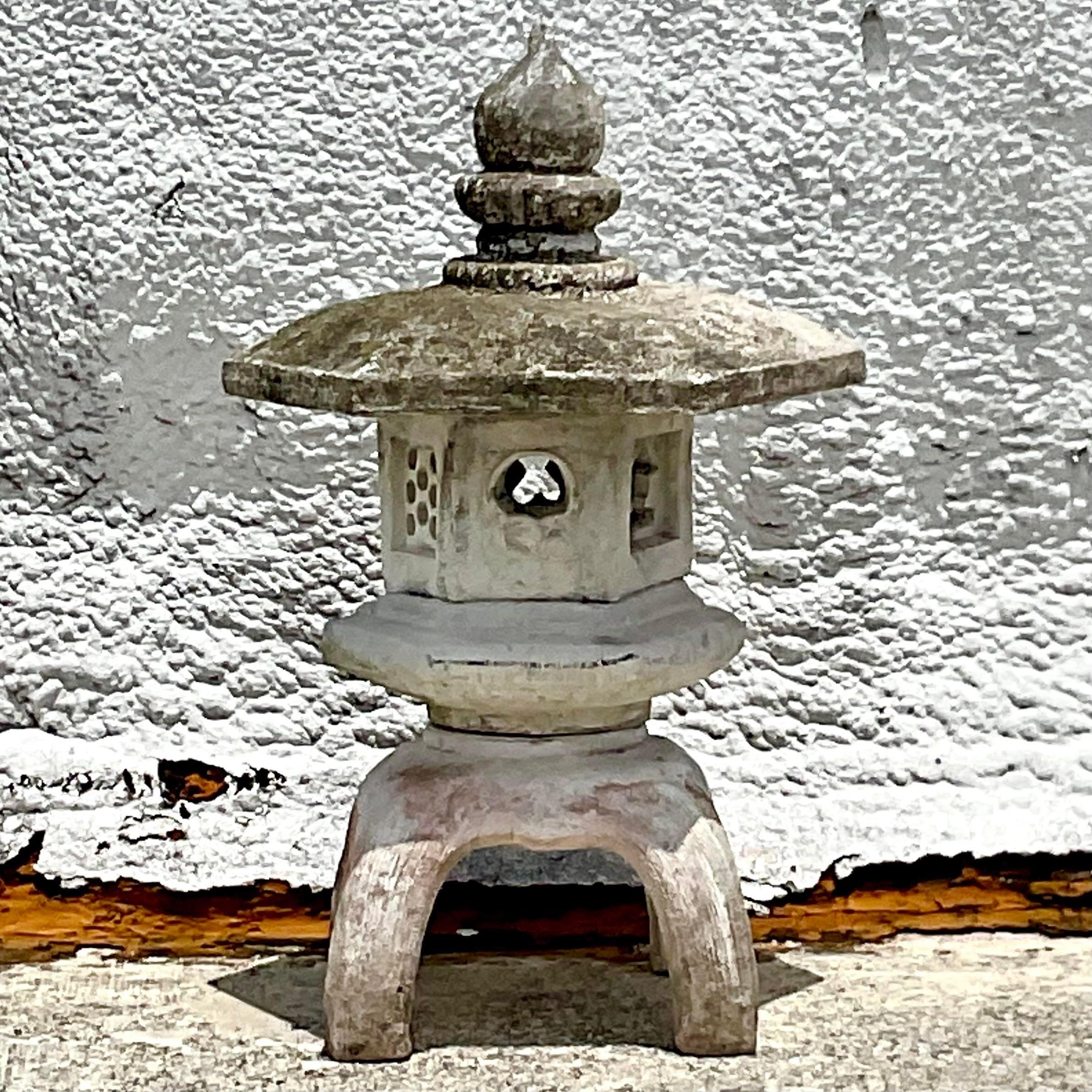 A fabulous vintage Asian pagoda. Monumental in size and drama. Beautiful cast concrete with gorgeous patina from time. Perfect as is or paint to suit your project. Three separate pieces that stack into the final pagoda. You decide! Acquired from a