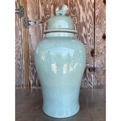 Vintage Asian Monumental Crackle Celedon Ginger Jar