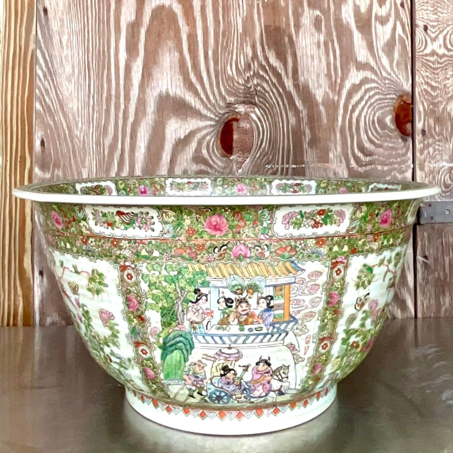 Vintage Asian Monumental Rose Famile Centerpiece Bowl In Good Condition For Sale In west palm beach, FL