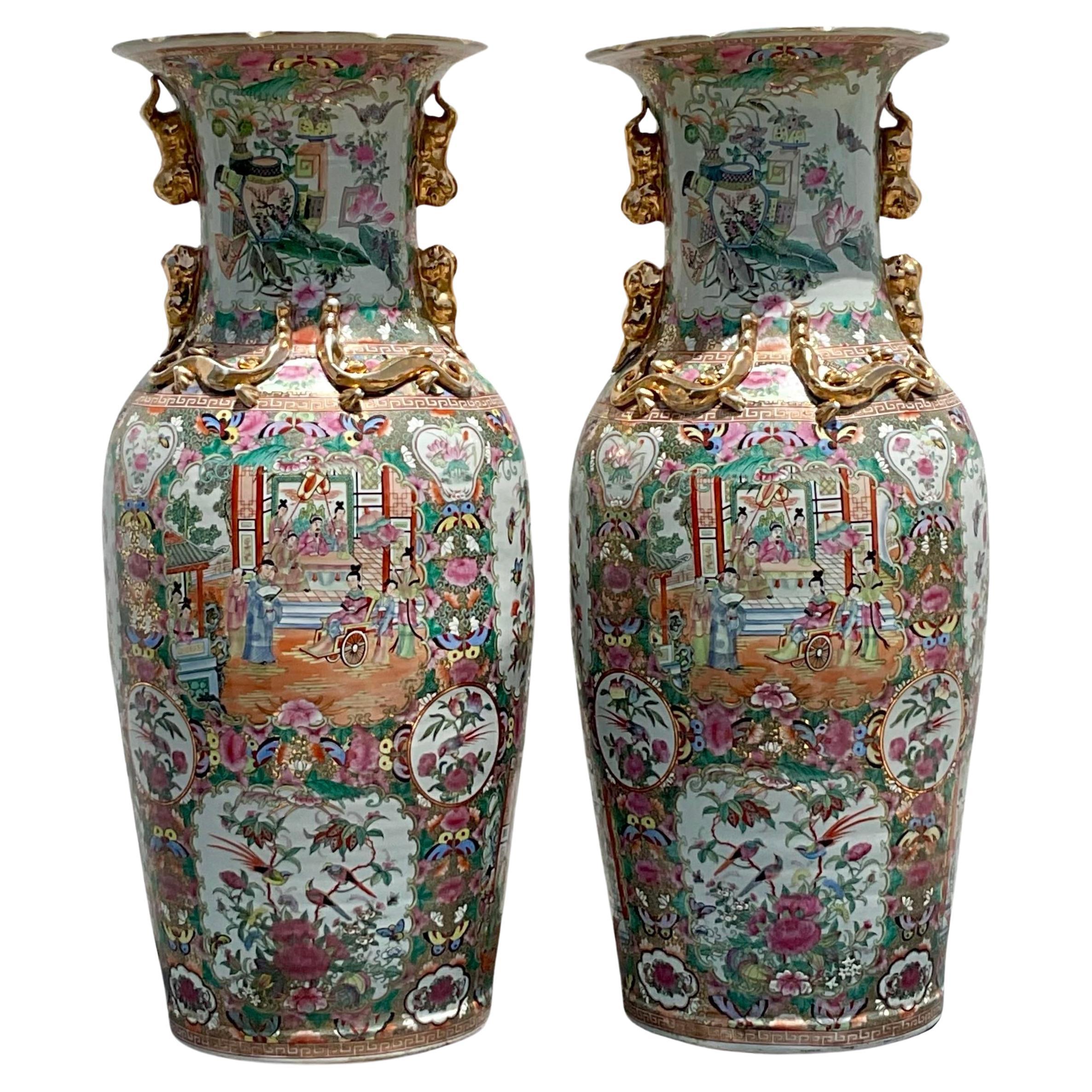 Vintage Asian Monumental Rose Medallion Gilt Tipped Palace Vase - a Pair