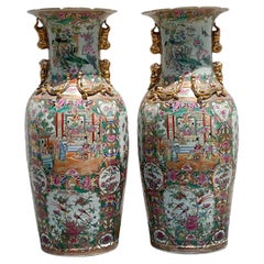 Vintage Asian Monumental Rose Medallion Gilt Tipped Palace Vase - a Pair