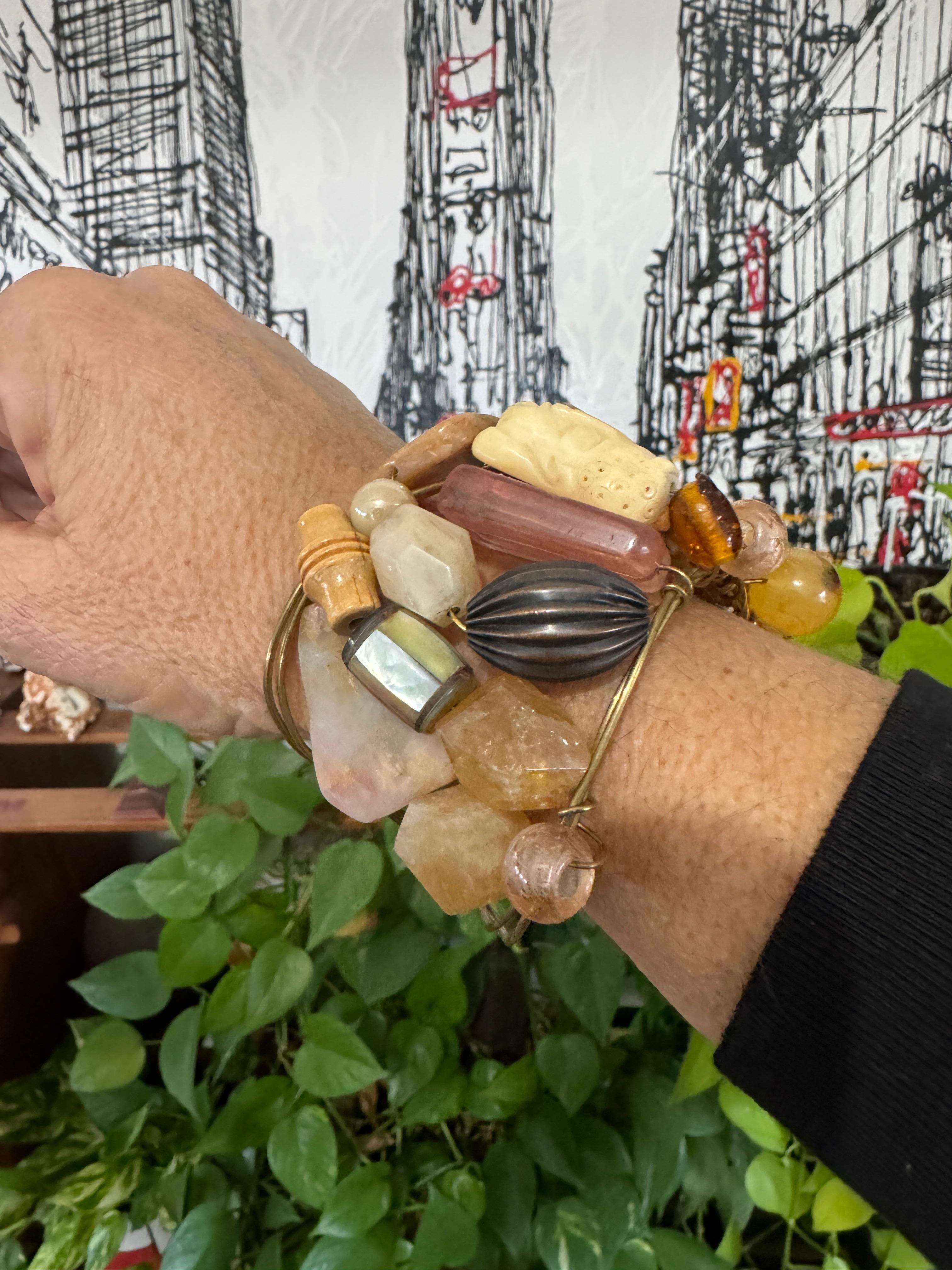 Brazalete Vintage Asiático de Piedra Natural Cara de Hueso Grande en venta 5