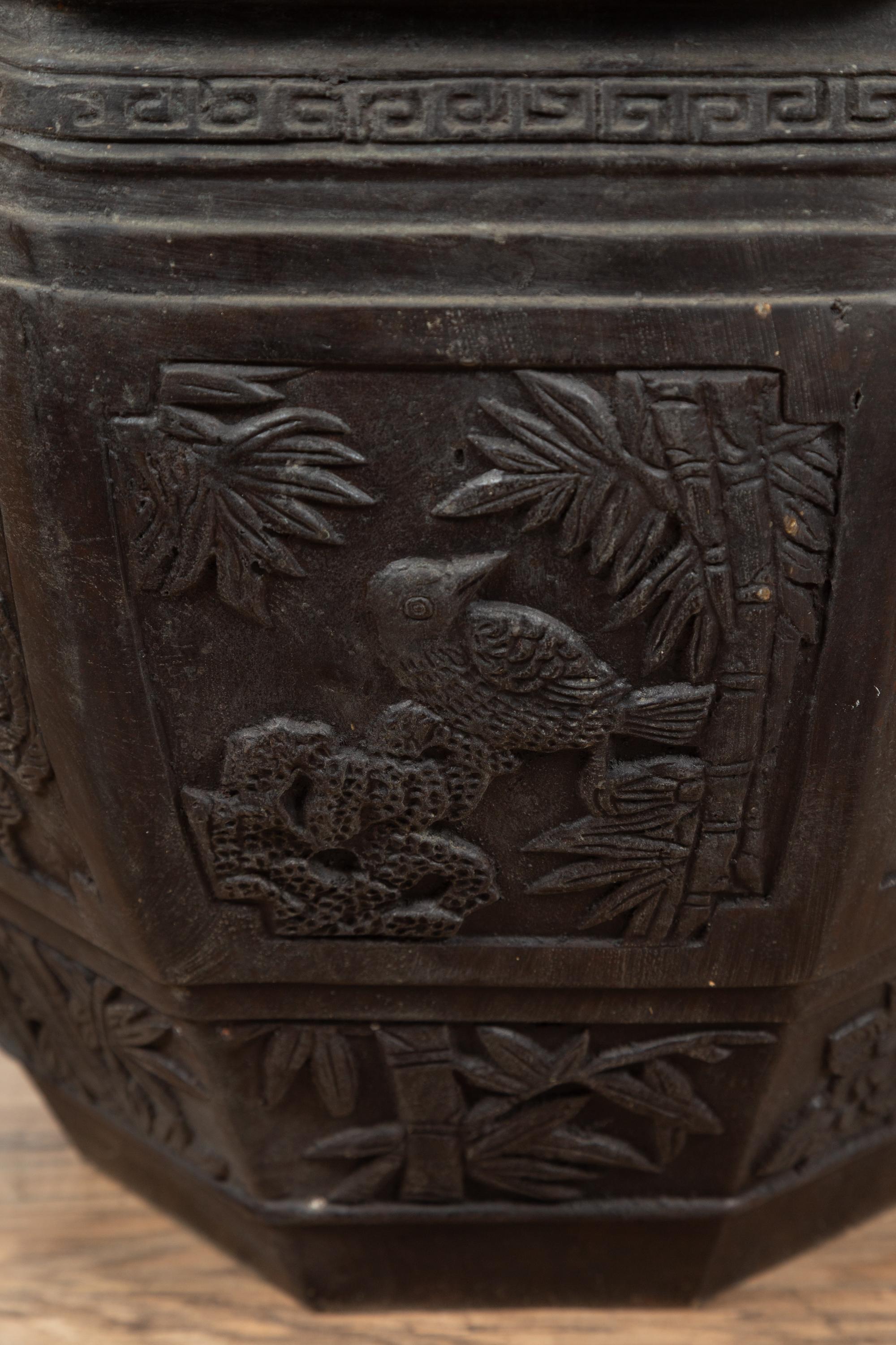 Vintage Asian Octagonal Bronze Planter with Floral, Foliage and Bird Motifs 6