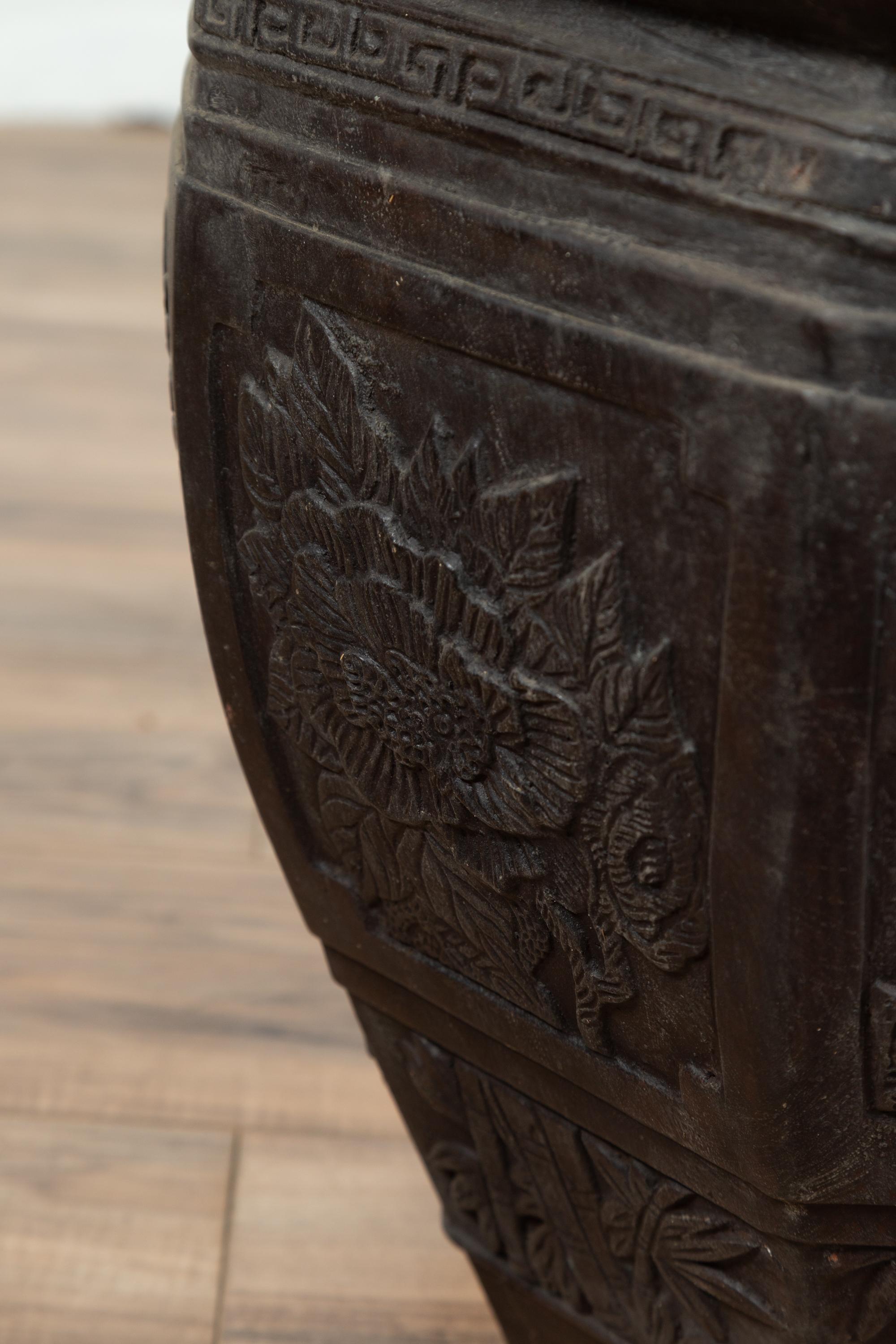 Vintage Asian Octagonal Bronze Planter with Floral, Foliage and Bird Motifs 7