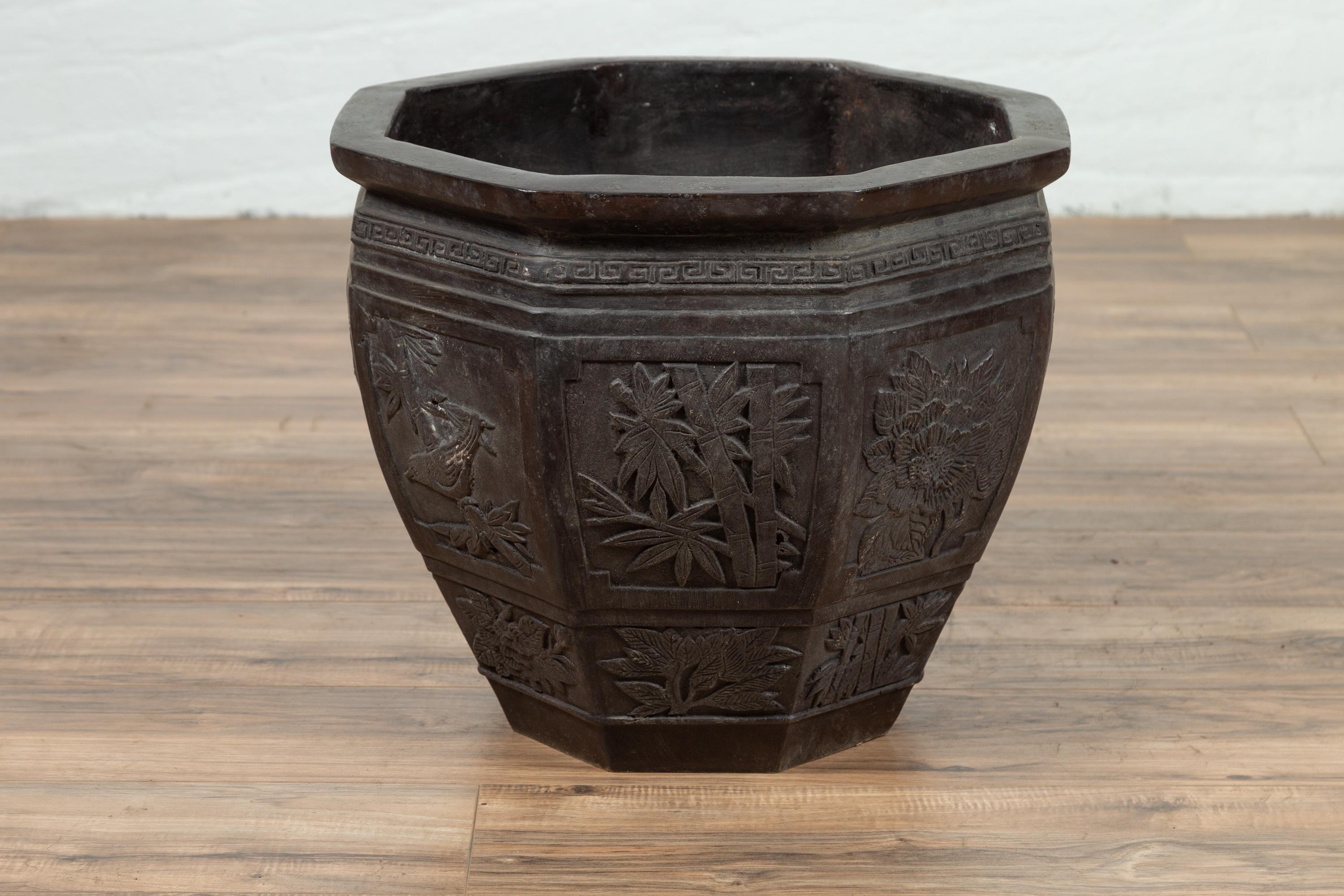 Vintage Asian Octagonal Bronze Planter with Floral, Foliage and Bird Motifs 8