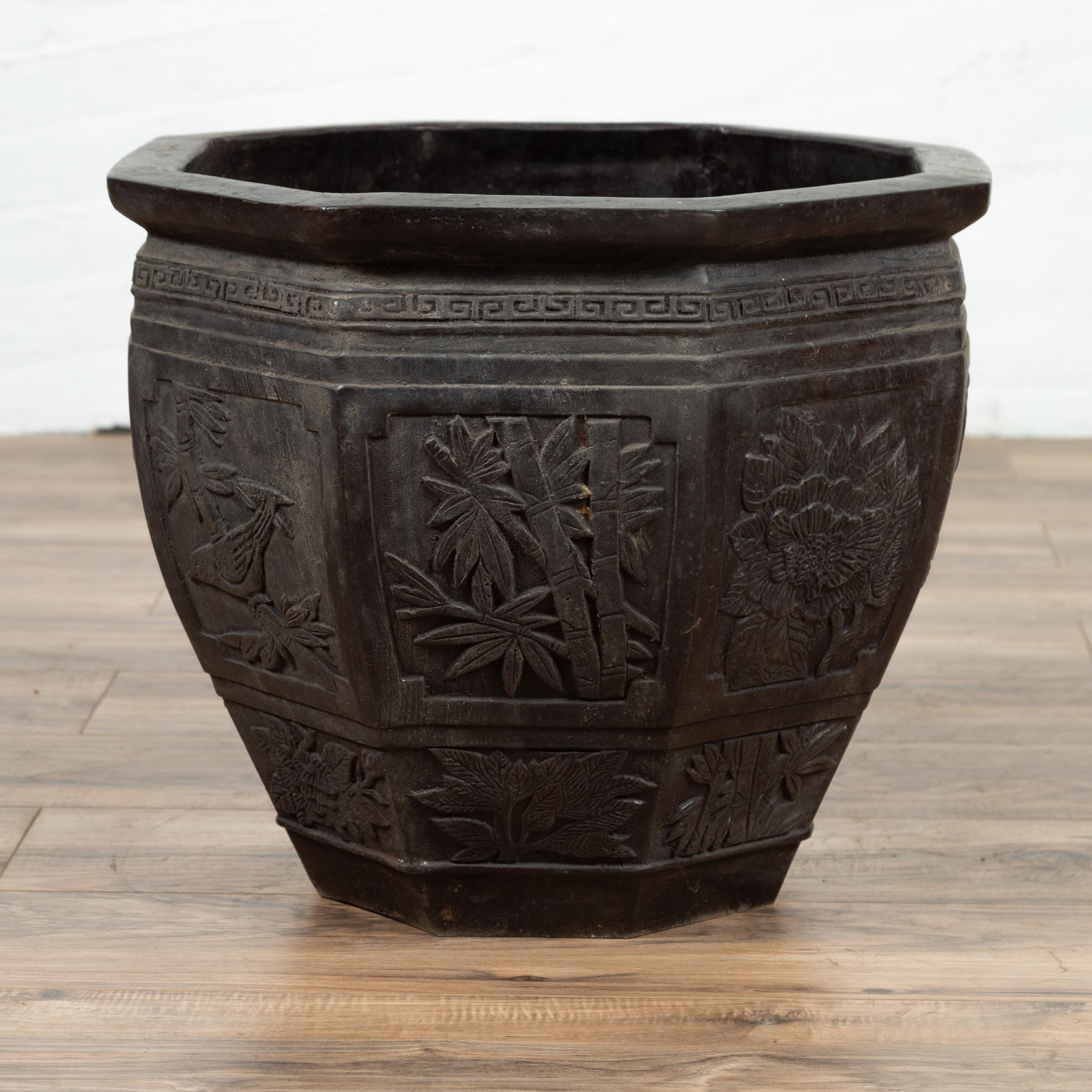 20th Century Vintage Asian Octagonal Bronze Planter with Floral, Foliage and Bird Motifs
