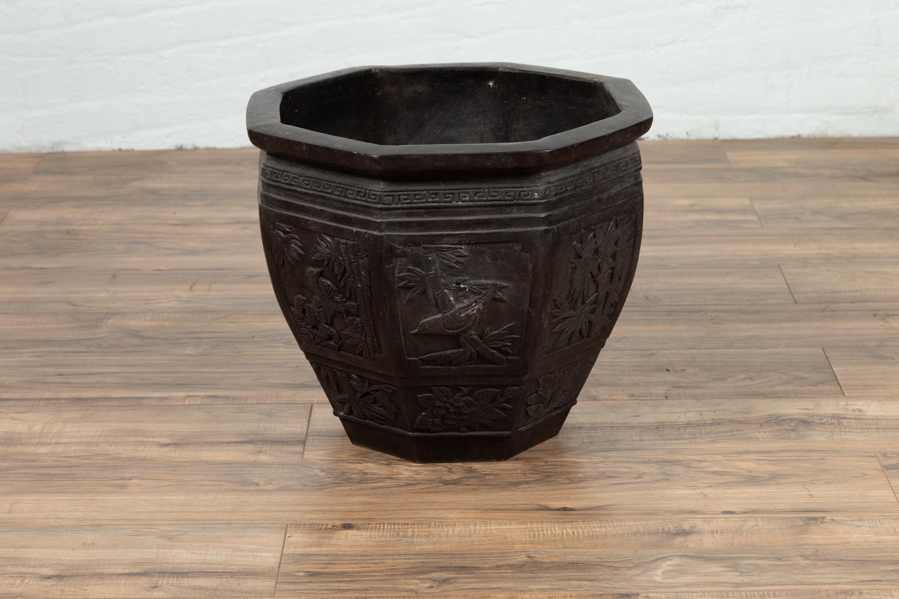 Vintage Asian Octagonal Bronze Planter with Floral, Foliage and Bird Motifs 1