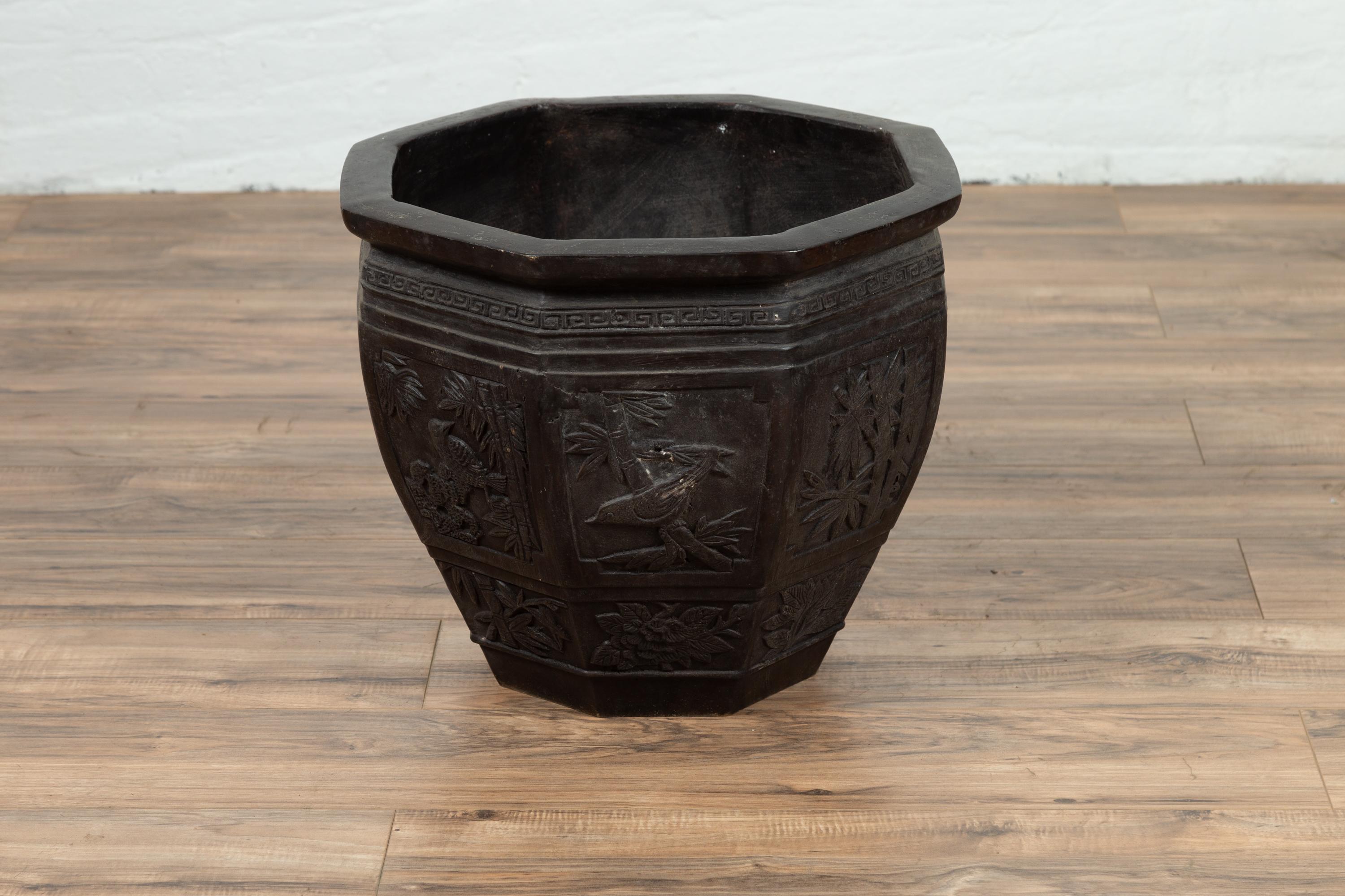 Vintage Asian Octagonal Bronze Planter with Floral, Foliage and Bird Motifs 2