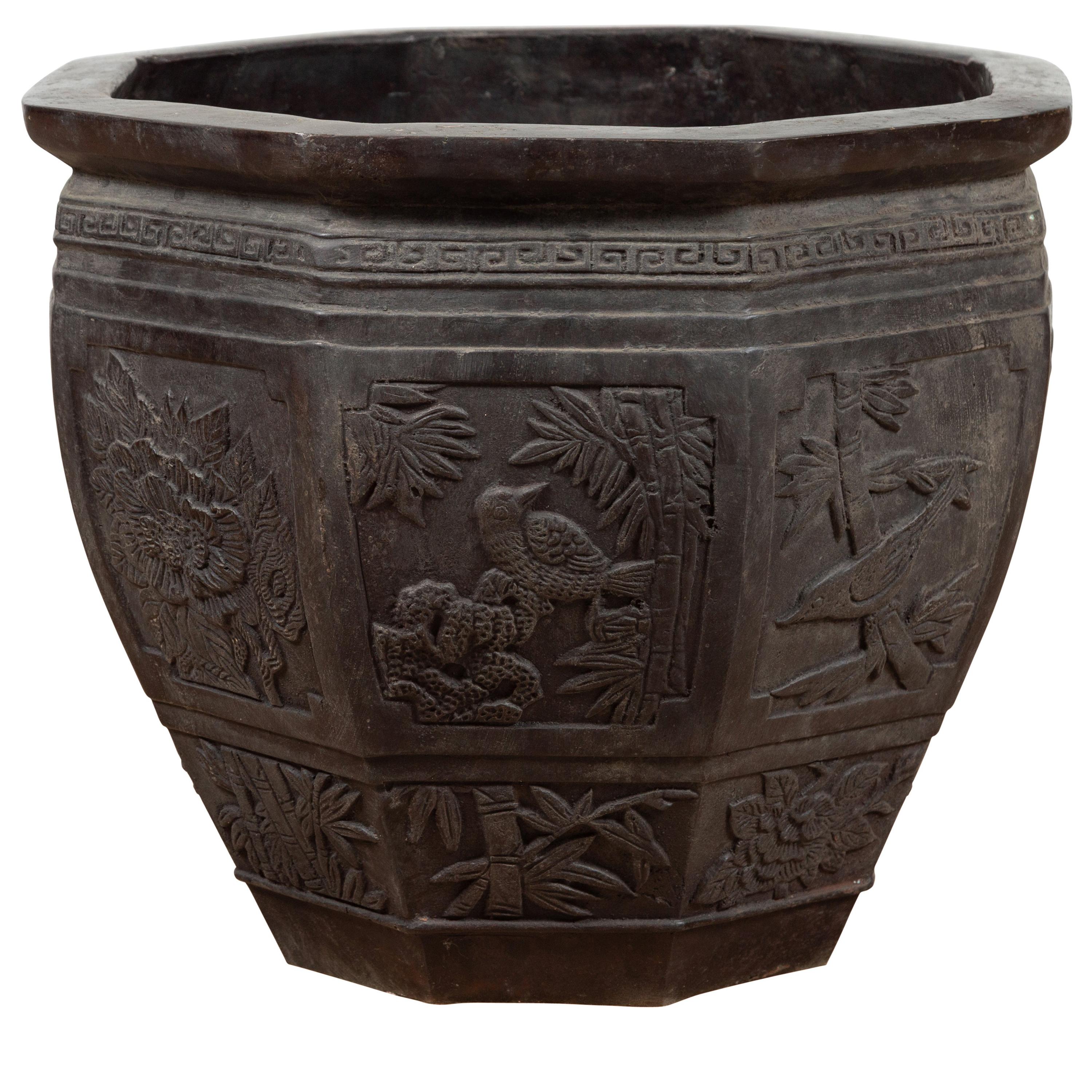 Vintage Asian Octagonal Bronze Planter with Floral, Foliage and Bird Motifs