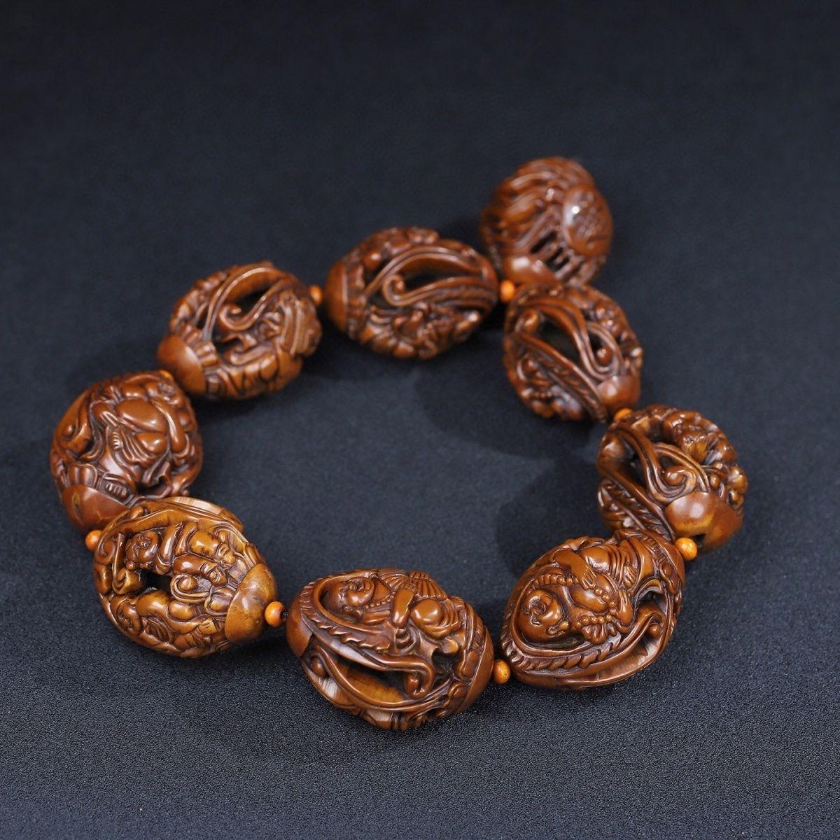 Vintage Asian Oliver Nut Carving Child Maitreya Buddha Beads Bracelet8 For Sale 7
