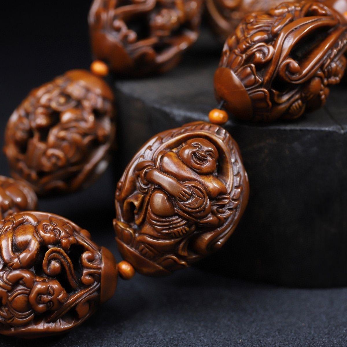 Vintage Asian Oliver Nut Carving Child Maitreya Buddha Beads Bracelet8 For Sale 5