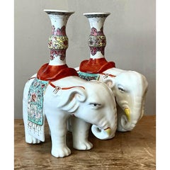 Vintage Asian Opposing Glazed Ceramic Elephant Candlesticks - A Pair