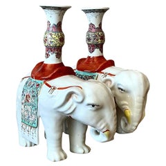 Vintage Asian Opposing Glazed Ceramic Elephant Candlesticks - A Pair