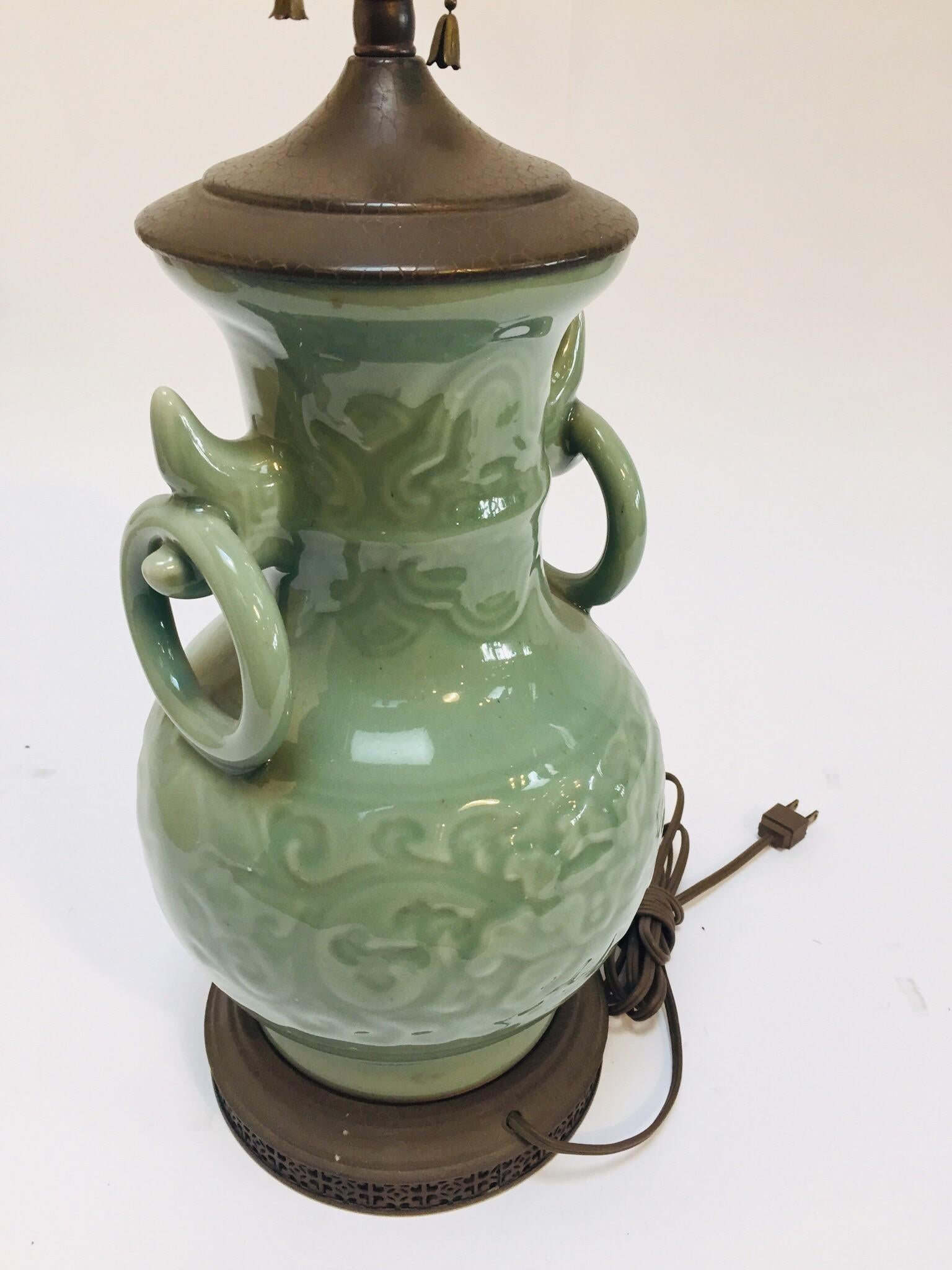 Vintage Asian Oriental Chinese Glazed Green Jade Vase Porcelain Lamp 2