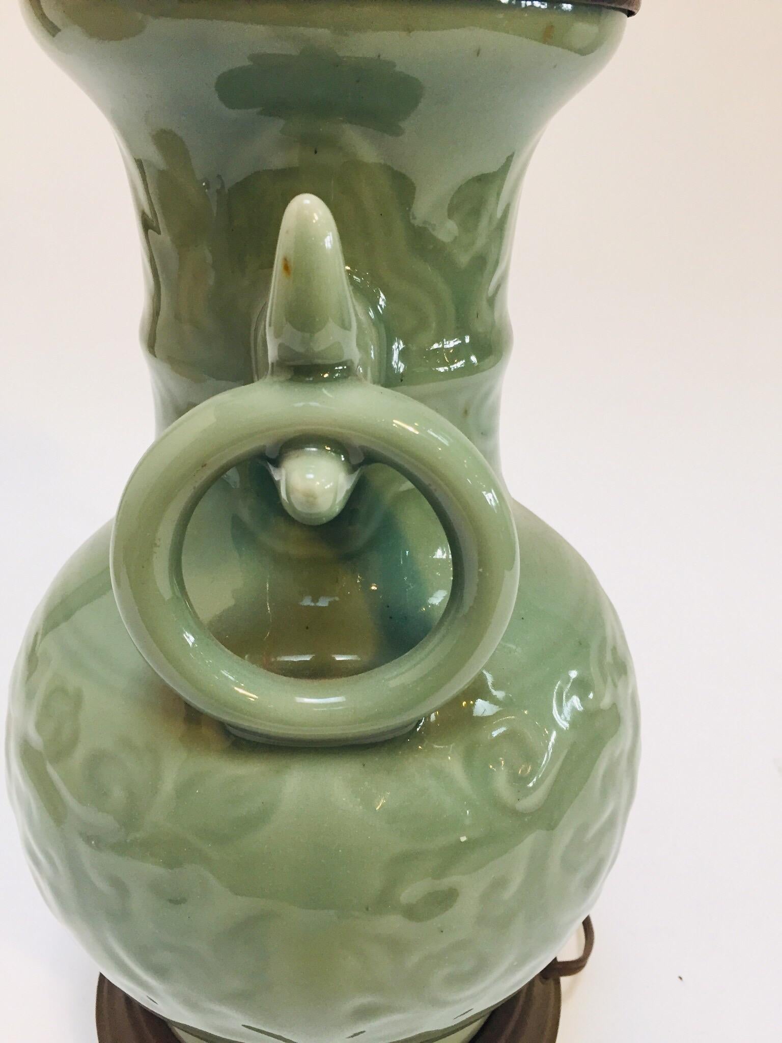 Vintage Asian Oriental Chinese Glazed Green Jade Vase Porcelain Lamp 3