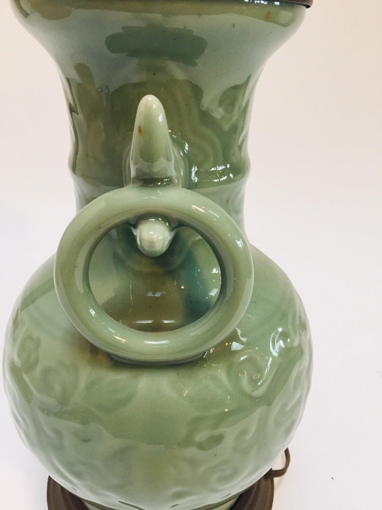 Vintage Asian Oriental Chinese Glazed Green Jade Vase Porcelain Lamp at