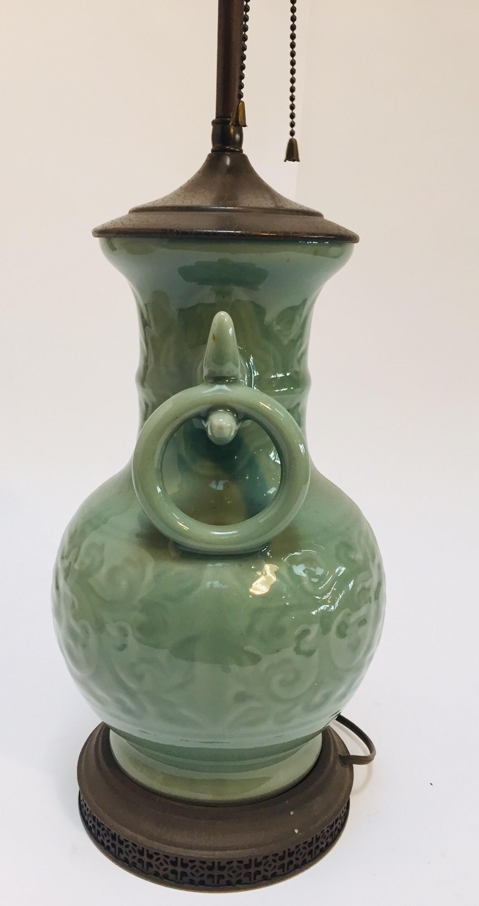 Vintage Asian Oriental Chinese Glazed Green Jade Vase Porcelain Lamp 4