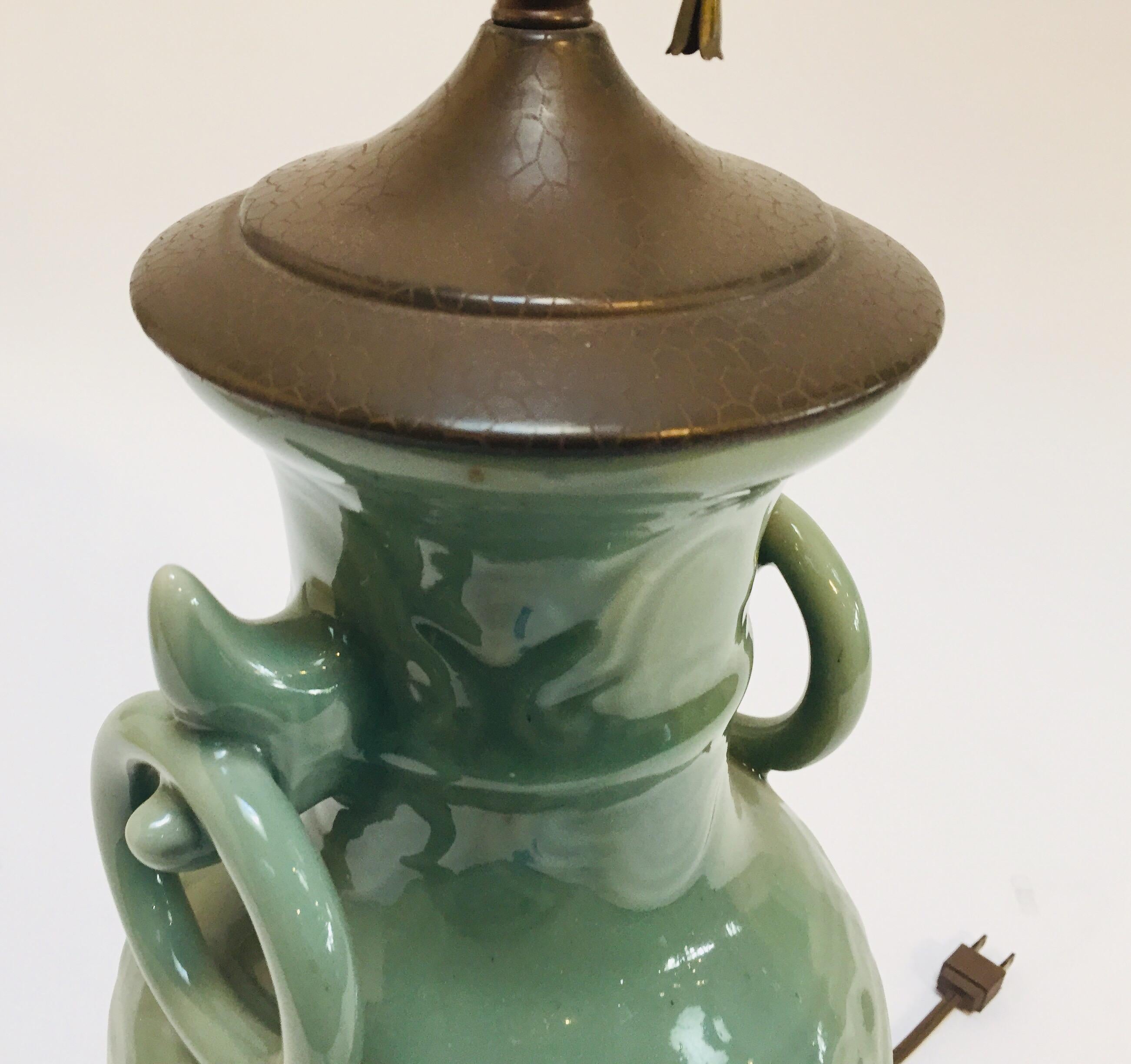 Vintage Asian Oriental Chinese Glazed Green Jade Vase Porcelain Lamp 5