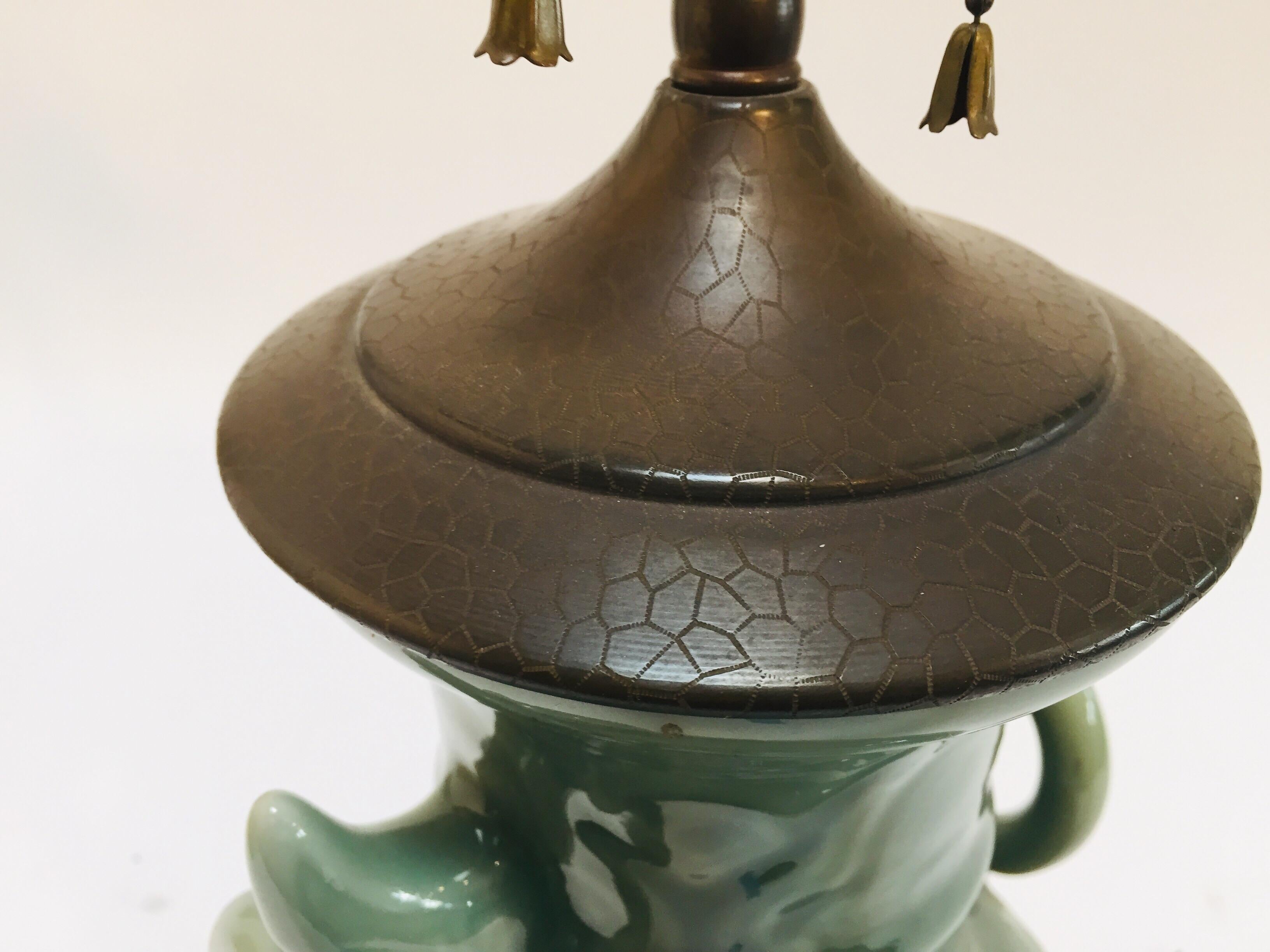 Vintage Asian Oriental Chinese Glazed Green Jade Vase Porcelain Lamp 6