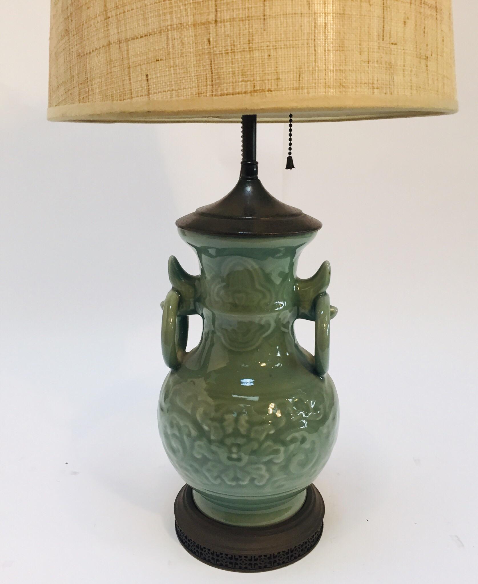 Vintage Asian Oriental Chinese Glazed Green Jade Vase Porcelain Lamp 8