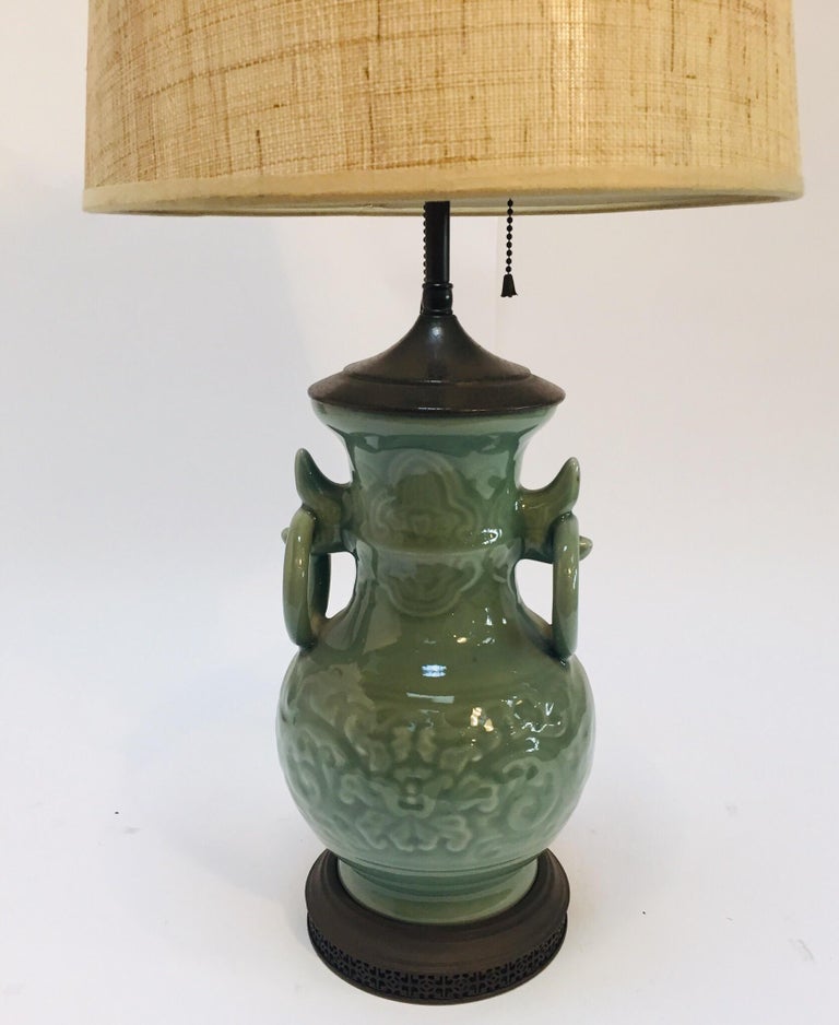 Vintage Asian Oriental Chinese Glazed Green Jade Vase Porcelain Lamp at