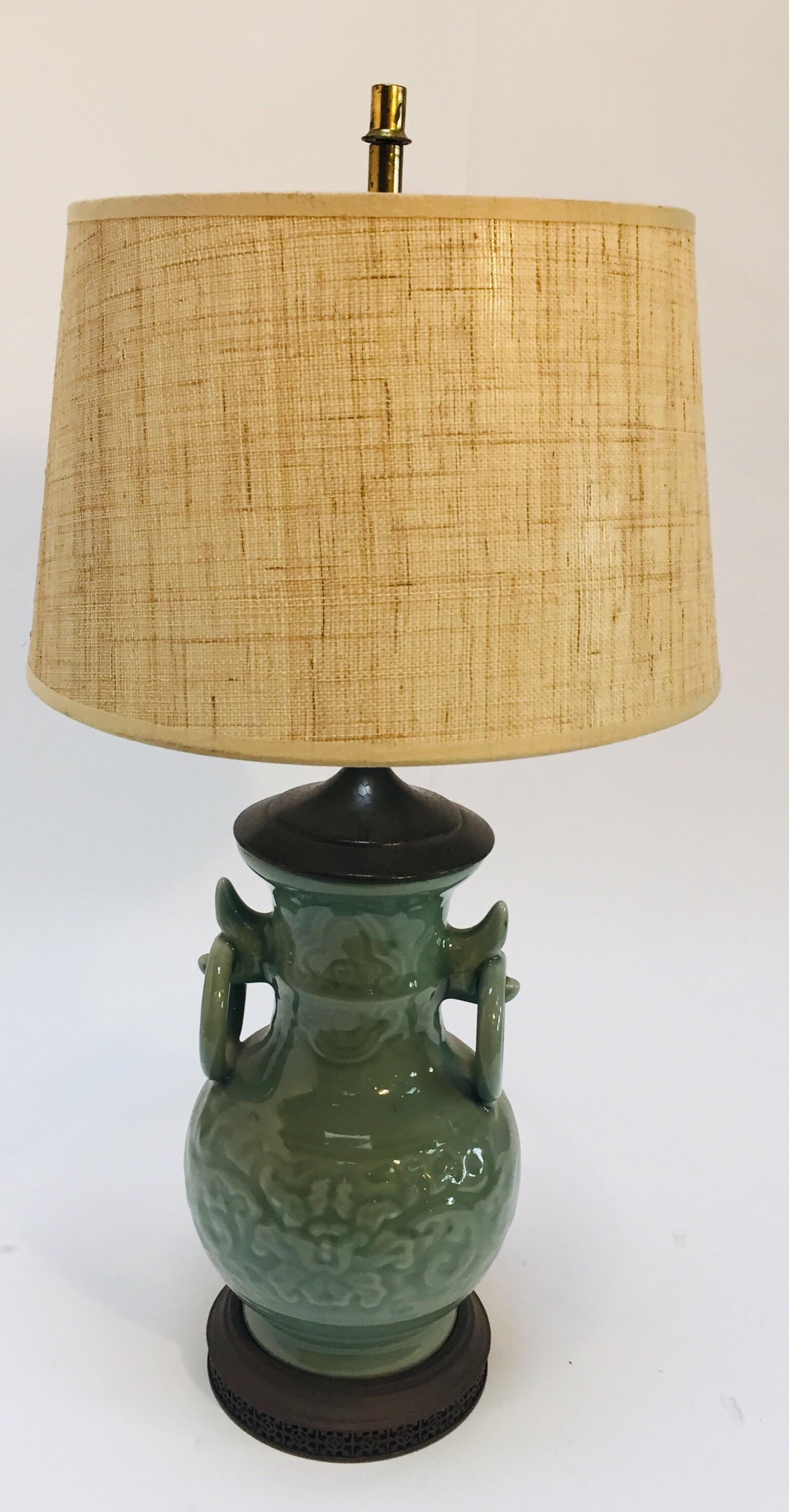 Vintage Asian Oriental Chinese Glazed Green Jade Vase Porcelain Lamp 10