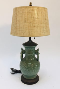Vintage Asian Oriental Chinese Glazed Green Jade Vase Porcelain Lamp