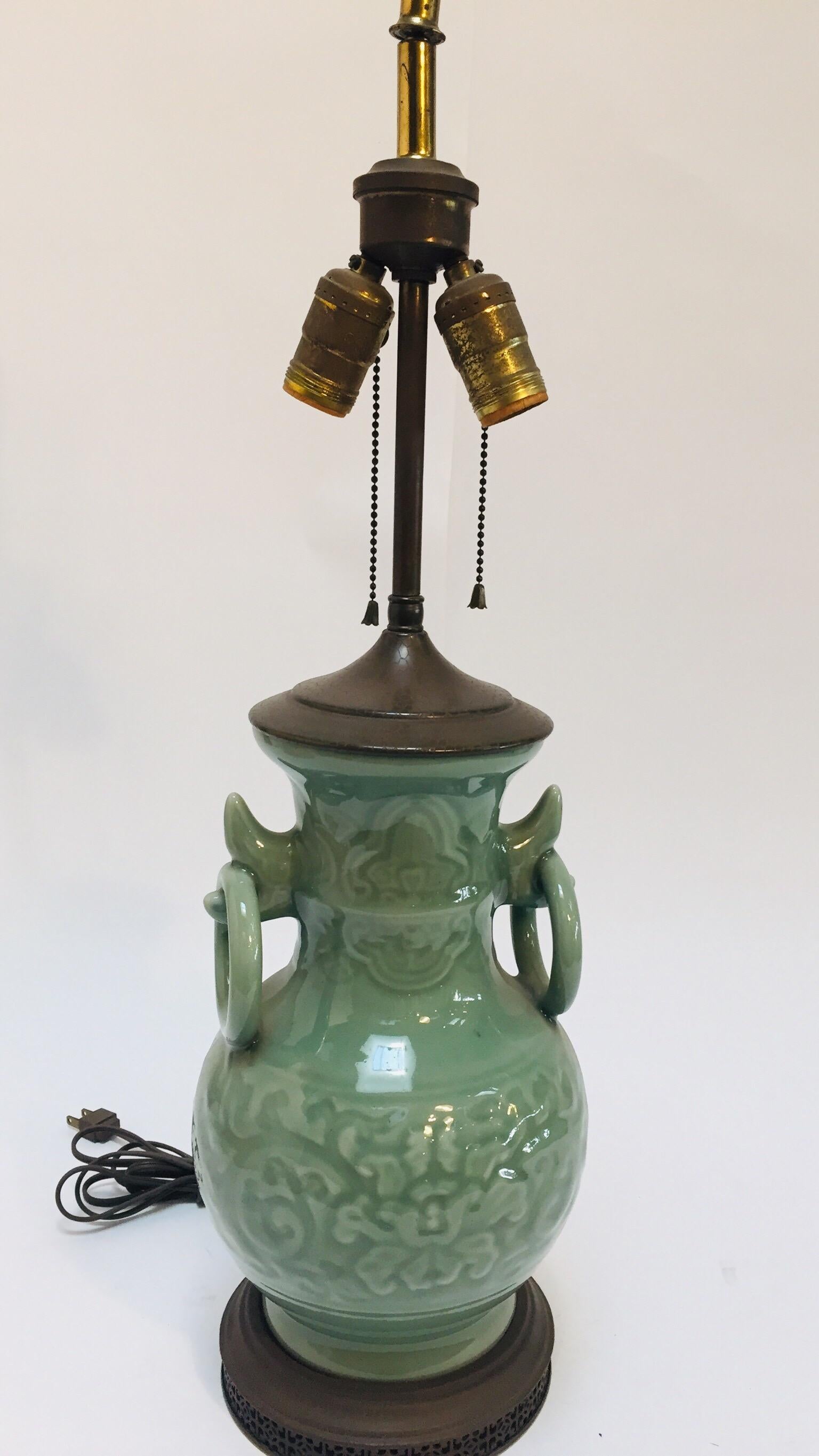 20th Century Vintage Asian Oriental Chinese Glazed Green Jade Vase Porcelain Lamp