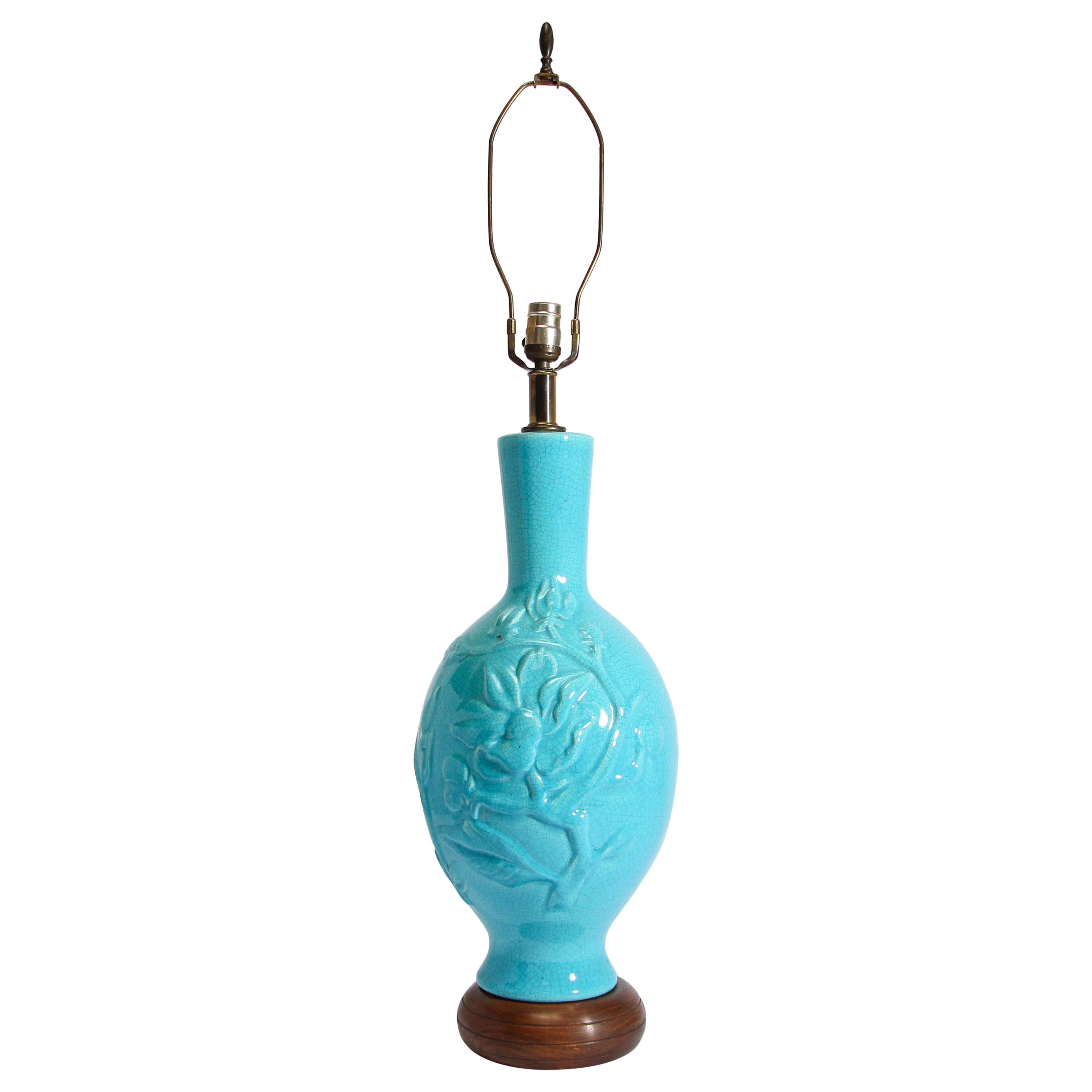 Lampe de bureau vintage asiatique orientale chinoise en céramique turquoise en vente