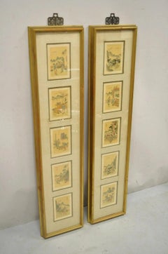 Vintage Asian Oriental Framed Art Prints with Narrow Gold Frames - a Pair