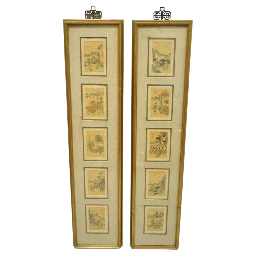 Vintage Asiatisch Orientalisch Gerahmte Kunstdrucke mit schmalen Goldrahmen - ein Paar