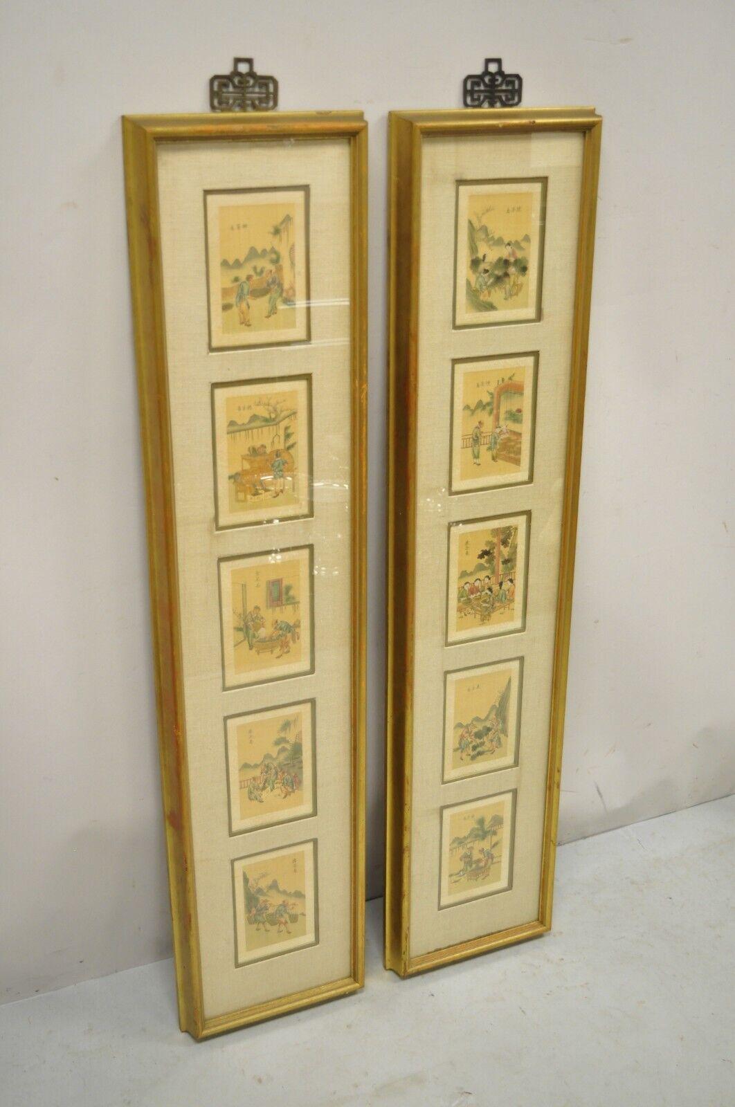Vintage Asian Oriental framed prints with narrow gold frames - a pair. Item features a wood frame with distressed finish, brass decorative hooks, (5) framed prints per piece of various village scenes. Circa Mid 20th Century. Measurements: 46.75