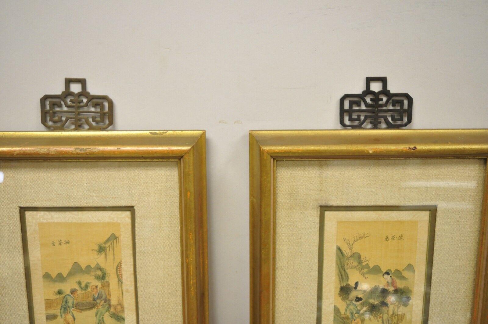 Vintage Asian Oriental Framed Prints with Narrow Gold Frames, a Pair In Good Condition For Sale In Philadelphia, PA