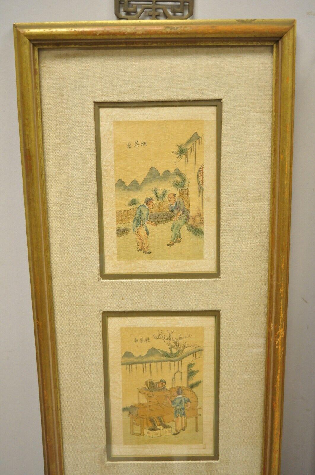 Vintage Asian Oriental Framed Prints with Narrow Gold Frames, a Pair For Sale 3