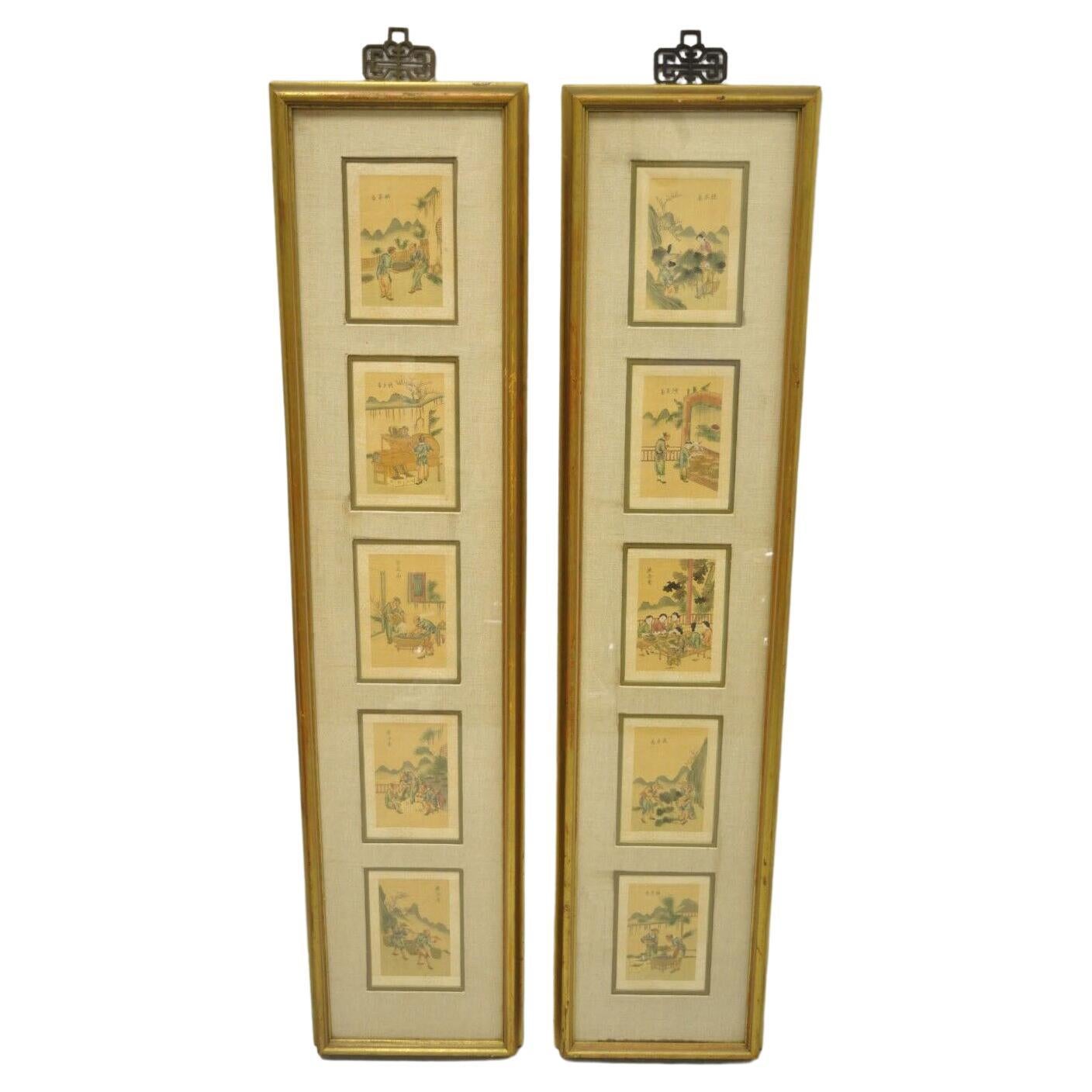 Paire d'estampes asiatiques orientales vintage encadrées avec cadres étroits en or