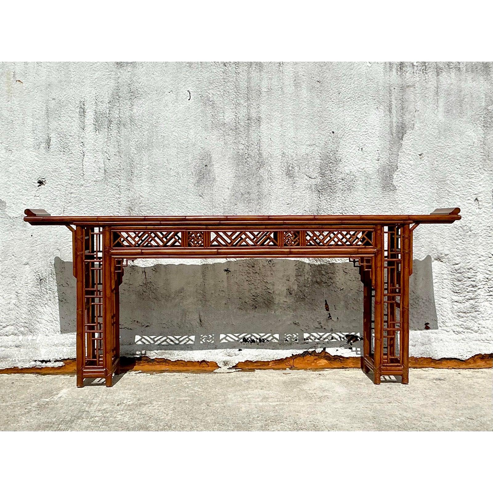 Chinoiserie Vintage Asian Pagoda Fretwork Console Table For Sale