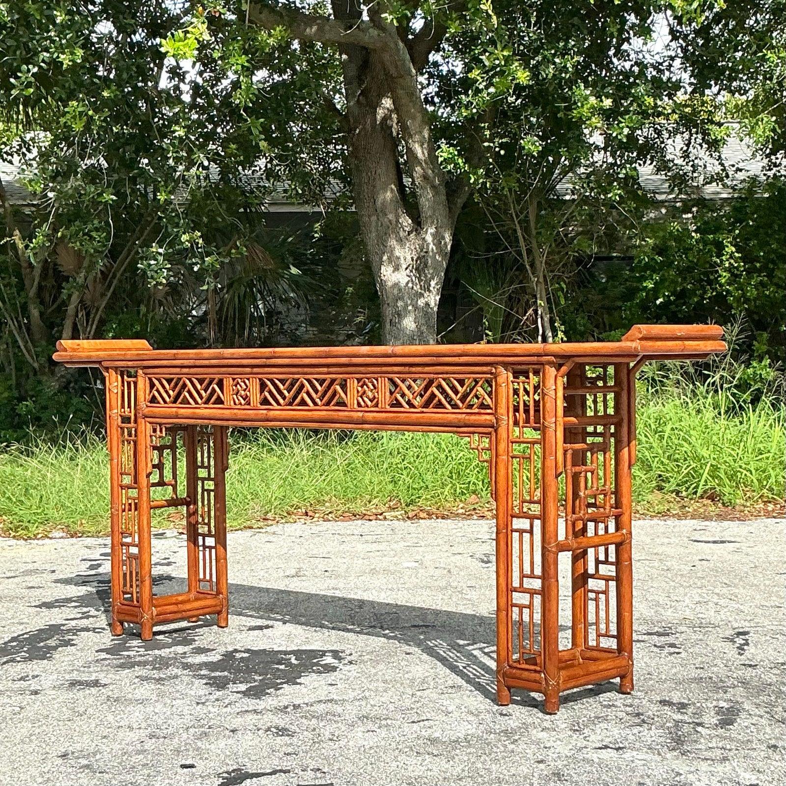 American Vintage Asian Pagoda Fretwork Console Table For Sale