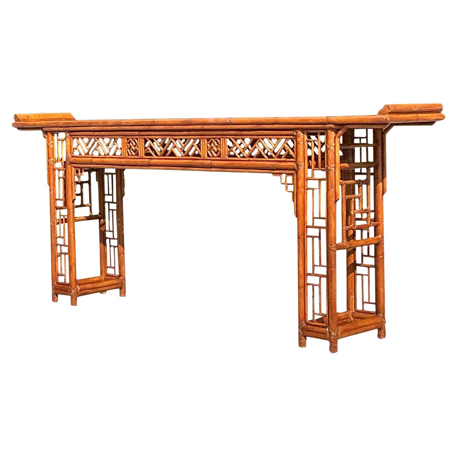 Vintage Asian Pagoda Fretwork Console Table For Sale