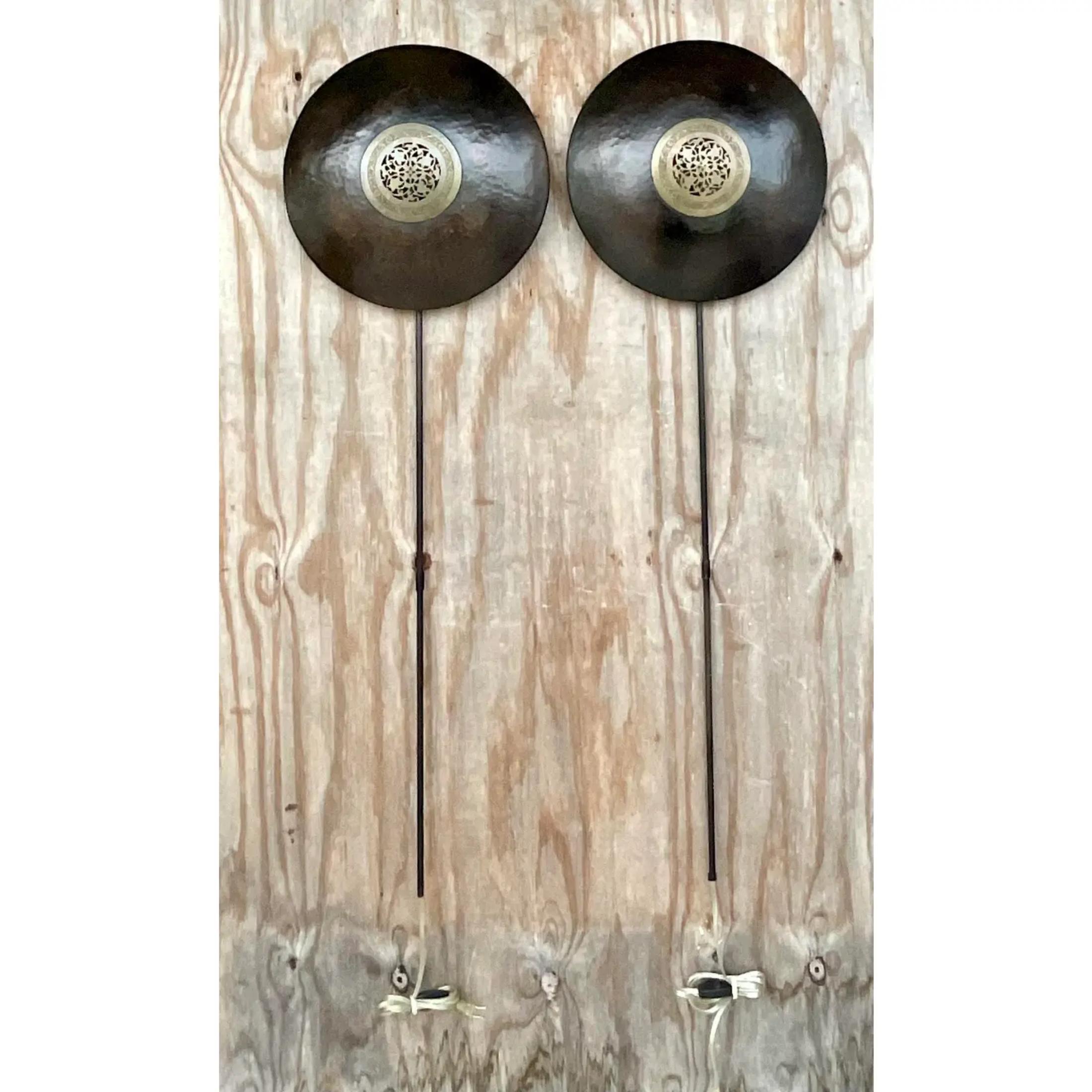 American Vintage Asian Patinated Brass Medallion Sconces - a Pair For Sale