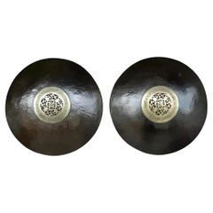 Vintage Asian Patinated Brass Medallion Sconces - a Pair