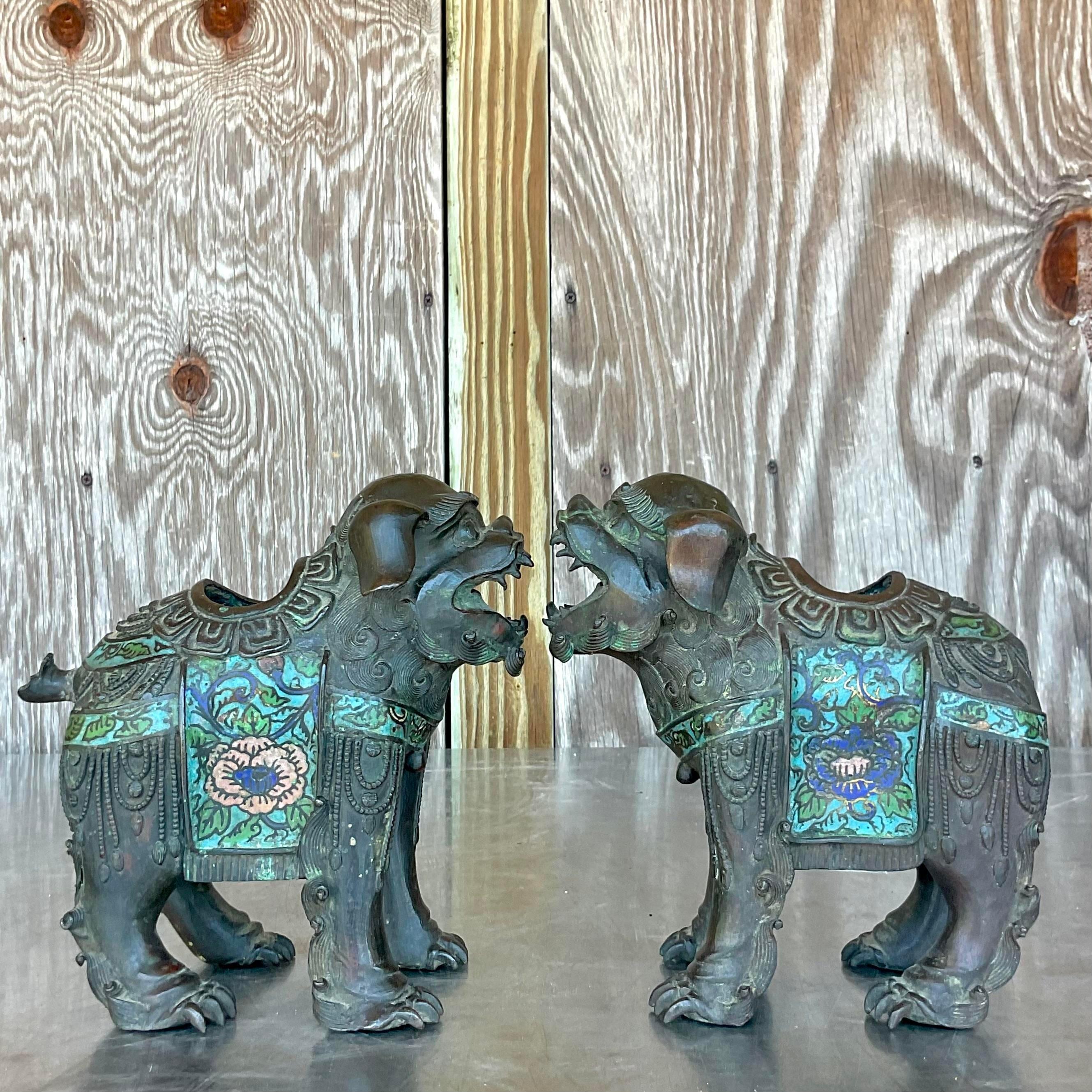 Vintage Asian Patinated Foo Dogs - a Pair In Good Condition For Sale In west palm beach, FL