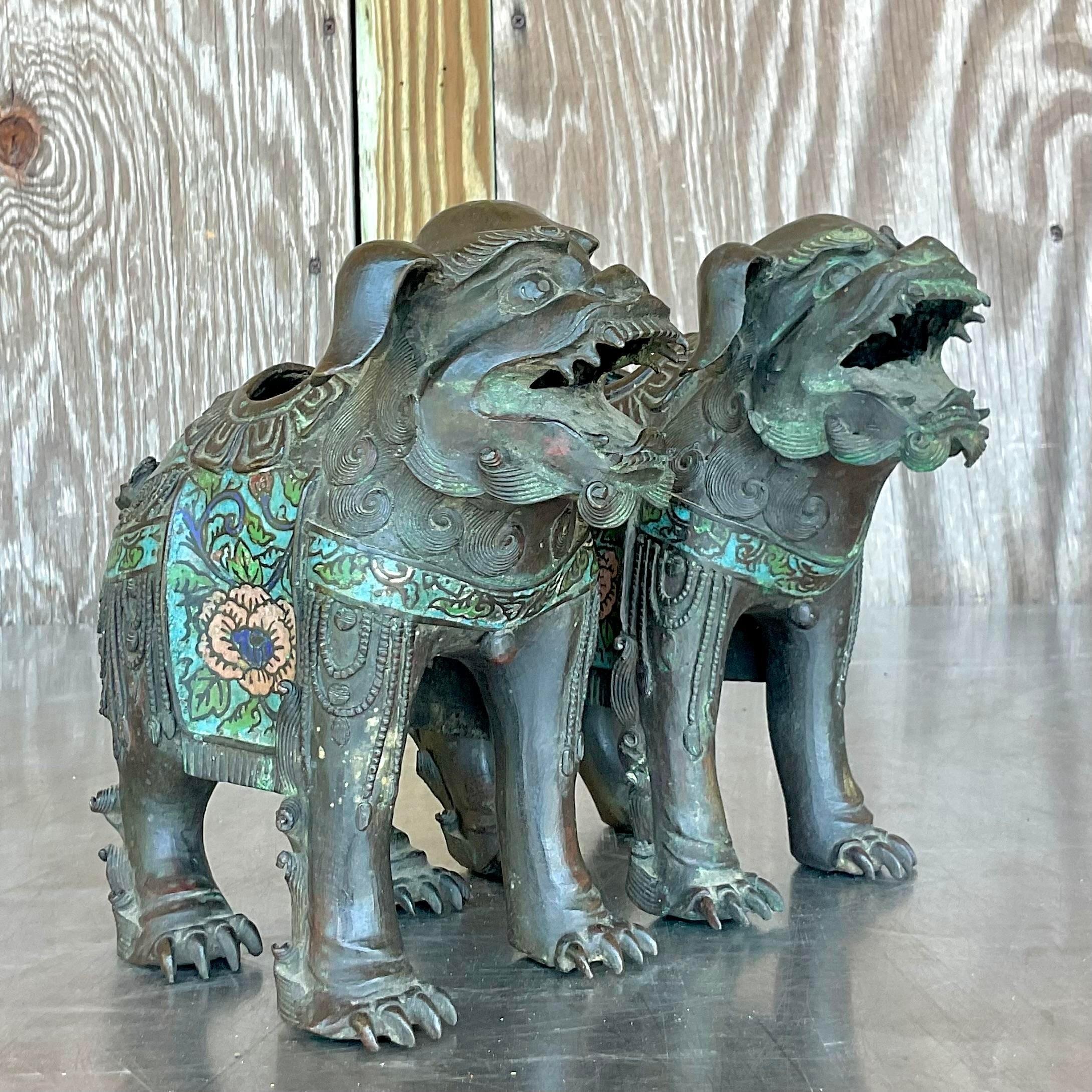 20th Century Vintage Asian Patinated Foo Dogs - a Pair For Sale