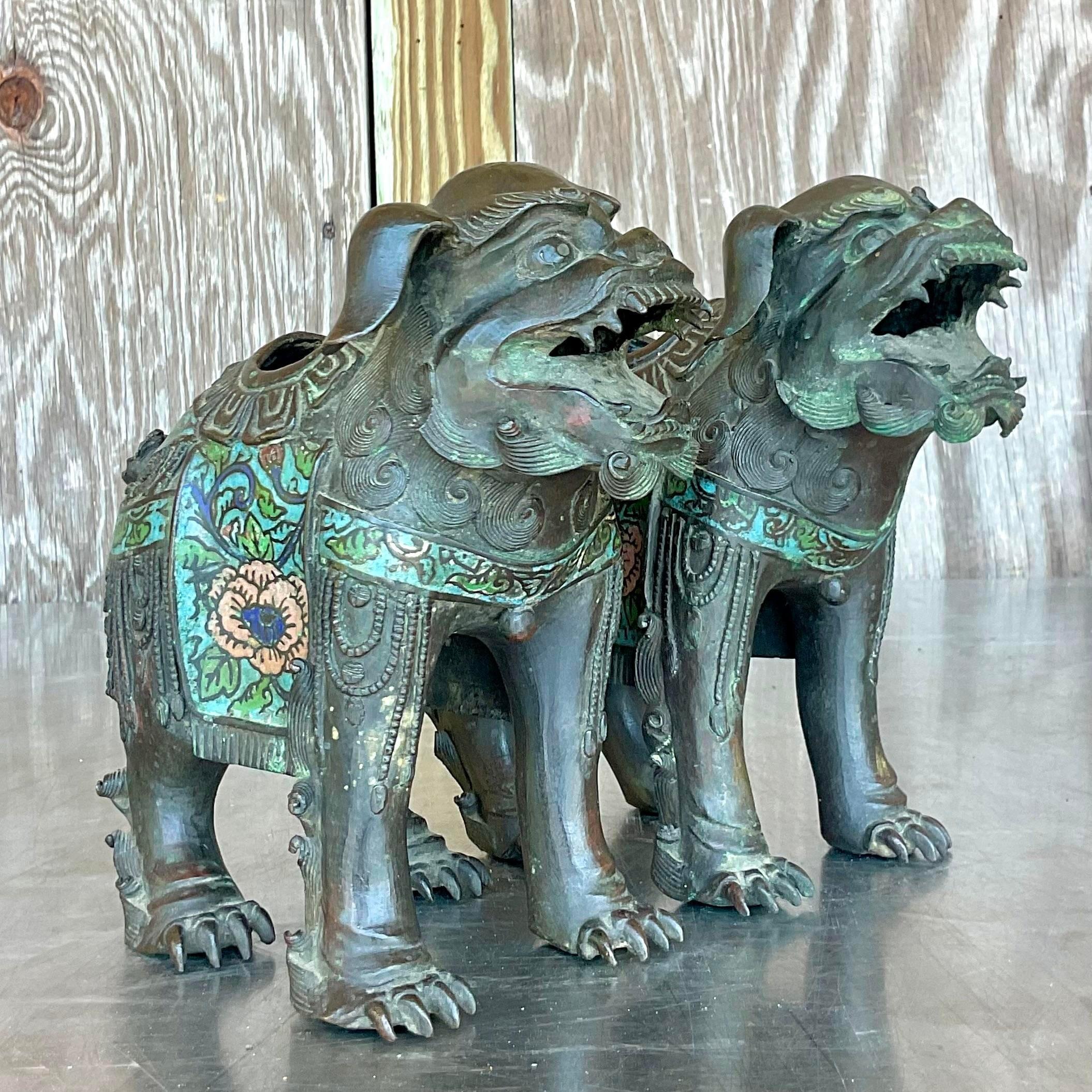 Metal Vintage Asian Patinated Foo Dogs - a Pair For Sale