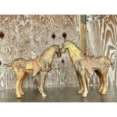 Vintage Asian Patinated Gilt Wood Temple Horses - a Pair