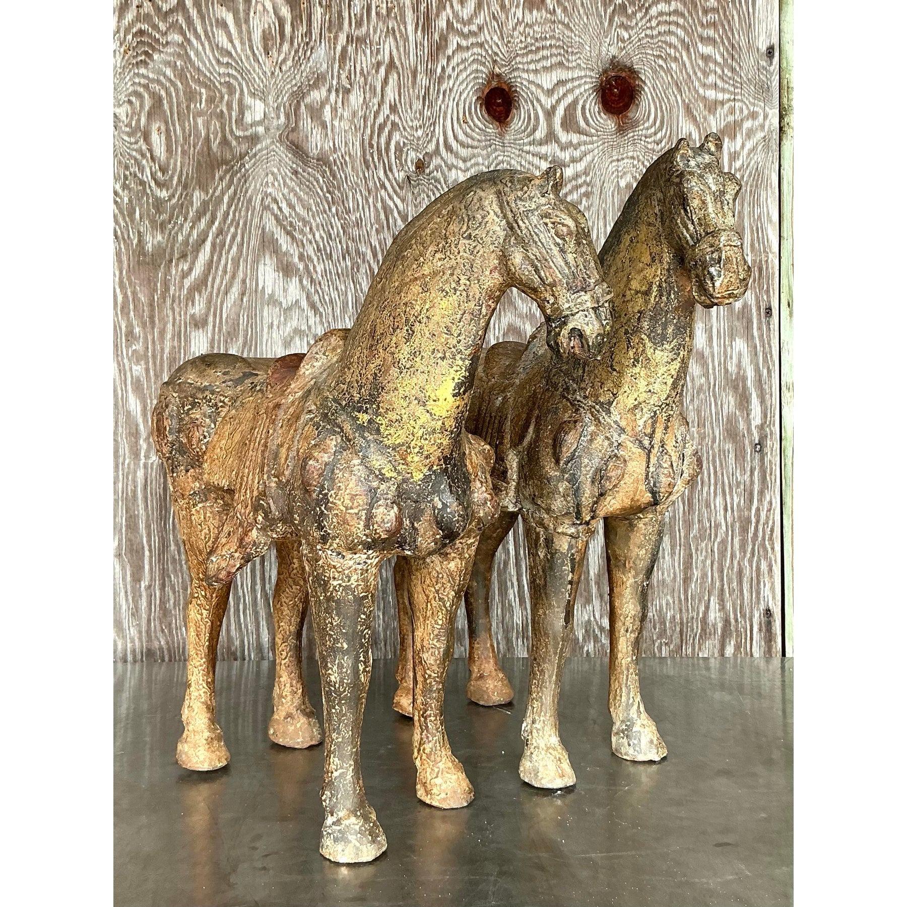 American Vintage Asian Patinated Gilt Wood Temple Horses - a Pair For Sale