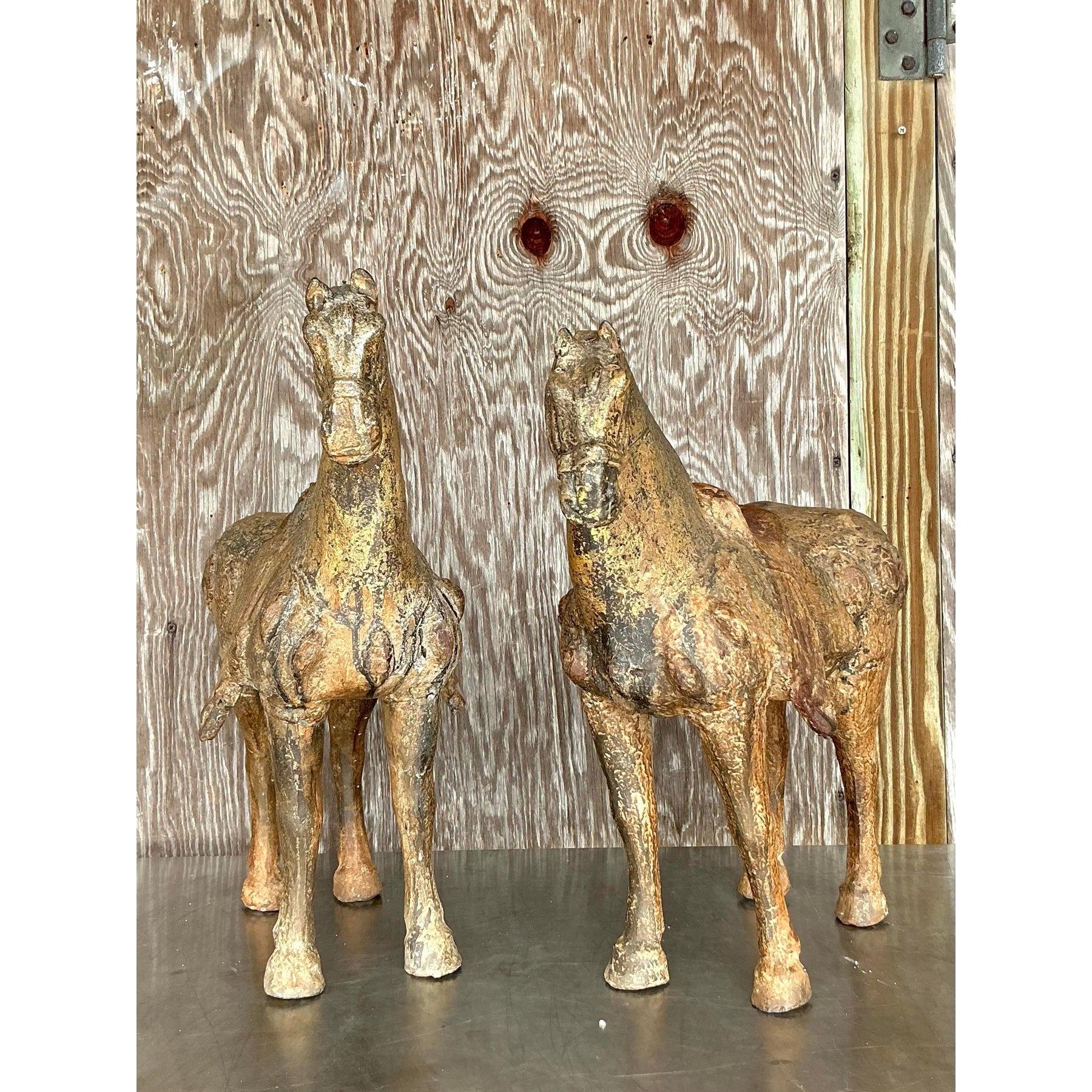 Vintage Asian Patinated Gilt Wood Temple Horses - a Pair In Good Condition For Sale In west palm beach, FL