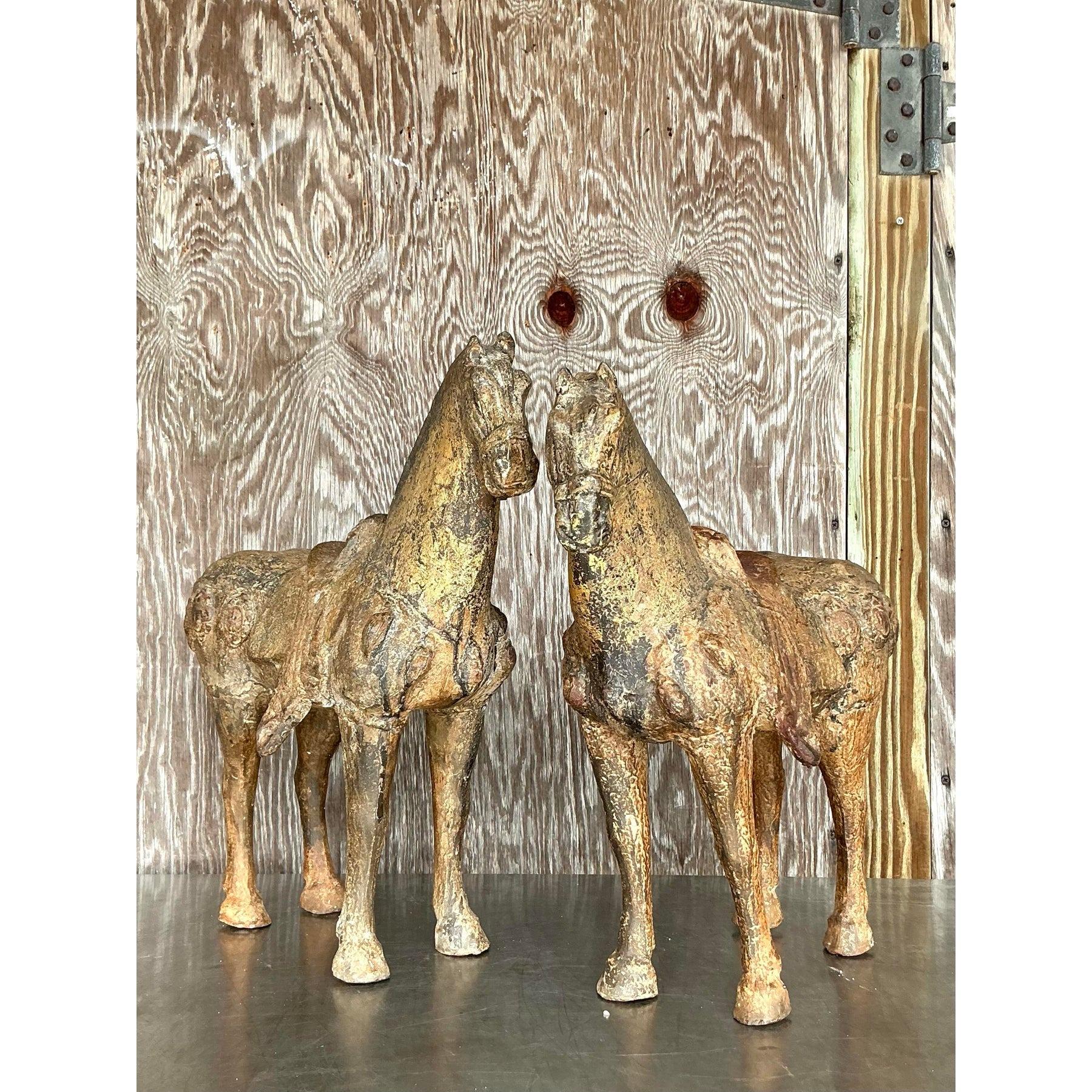 20th Century Vintage Asian Patinated Gilt Wood Temple Horses - a Pair For Sale