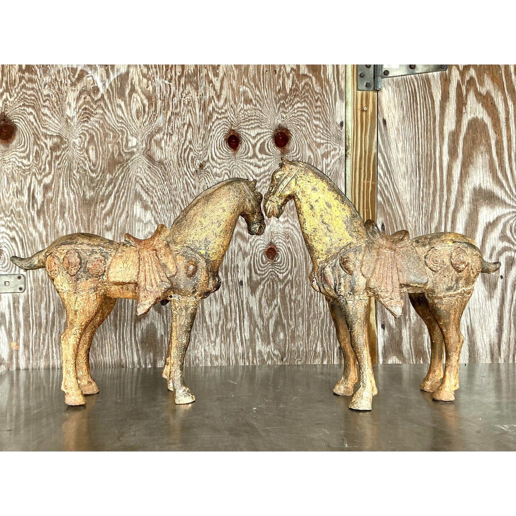 Vintage Asian Patinated Gilt Wood Temple Horses - a Pair For Sale 2